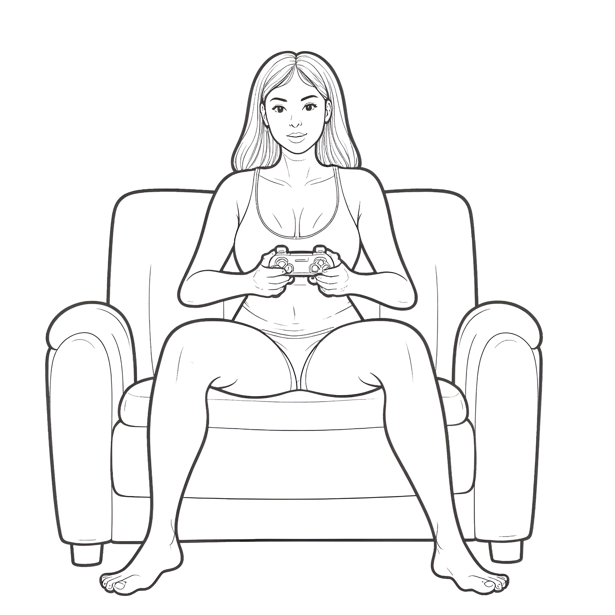 Lady playing video game on couch Coloring Page (free black-and-white line drawing printable PDF for all, from beginners to advanced learners, including children, teens, adults, and seniors)
