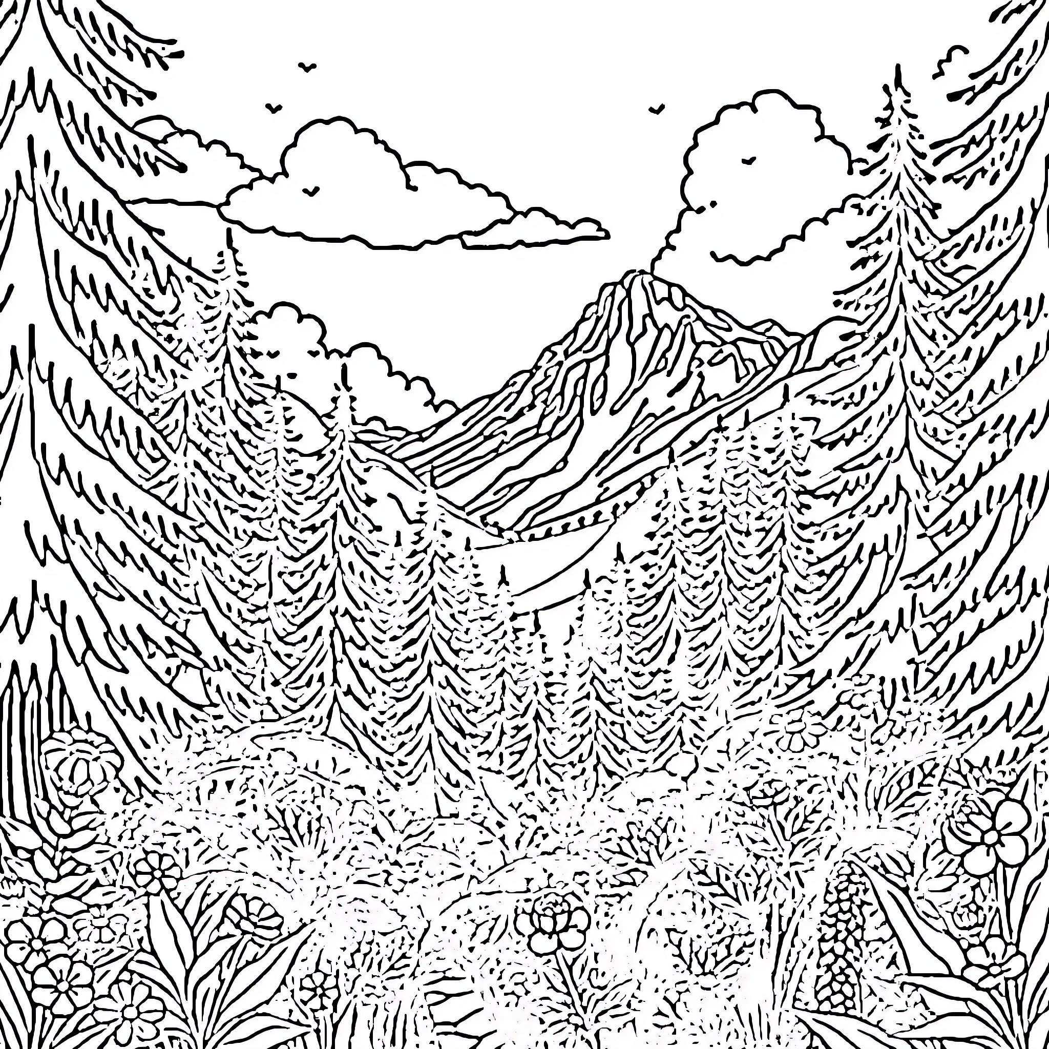 Nature's Serene Mountain Retreat Coloring Page (free black-and-white line drawing printable PDF for all, from beginners to advanced learners, including children, teens, adults, and seniors)