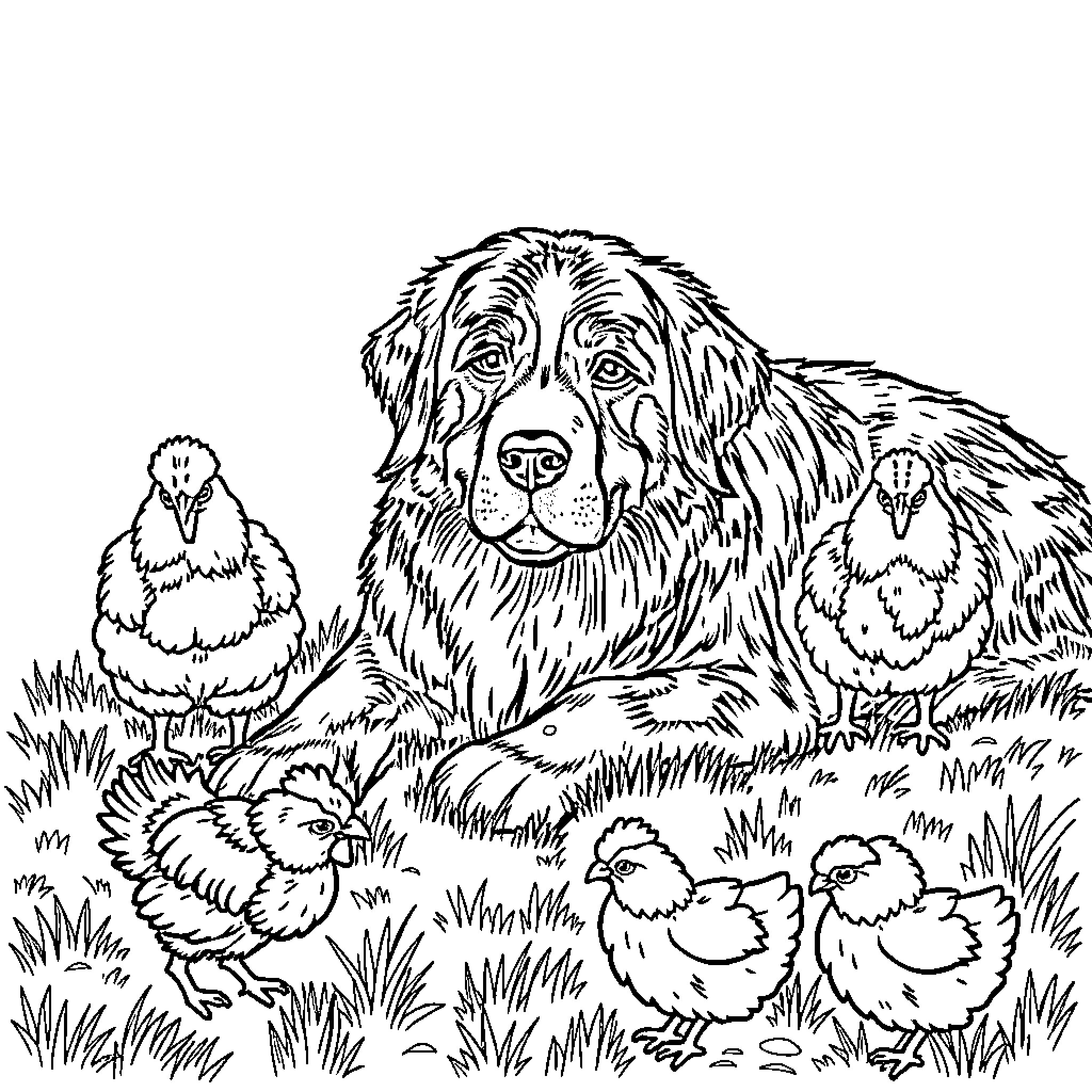 Bernese Mountain Dog with adorable chicks in grassy field Coloring Page (free black-and-white line drawing printable PDF for all, from beginners to advanced learners, including children, teens, adults, and seniors)