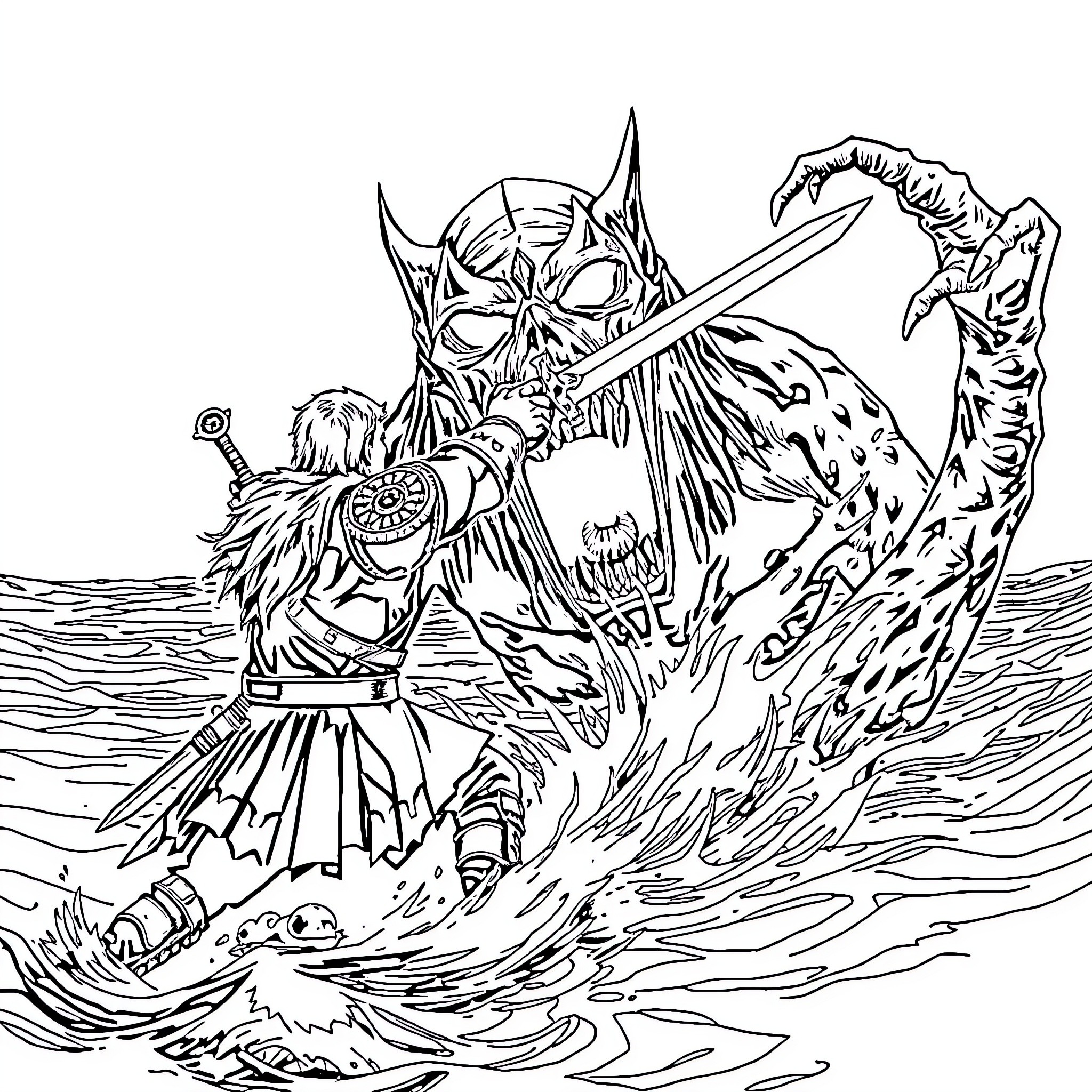 Geralt battling a fearsome monster in the water Coloring Page (free black-and-white line drawing printable PDF for all, from beginners to advanced learners, including children, teens, adults, and seniors)