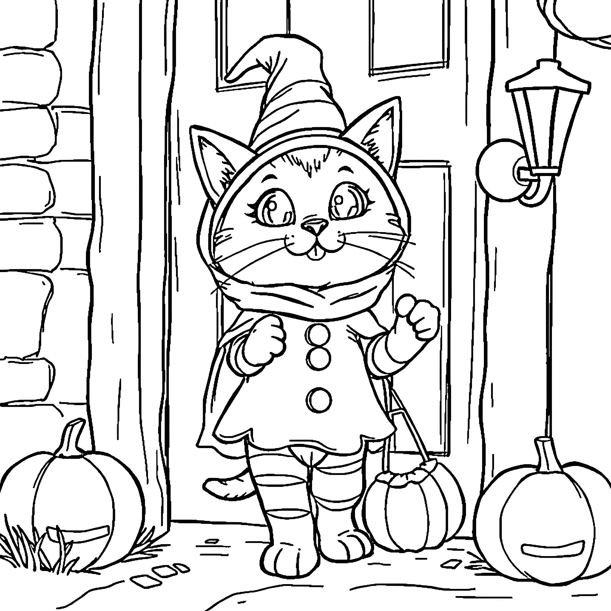 Cat dressed as wizard with pumpkins Coloring Page (free black-and-white line drawing printable PDF for all, from beginners to advanced learners, including children, teens, adults, and seniors)