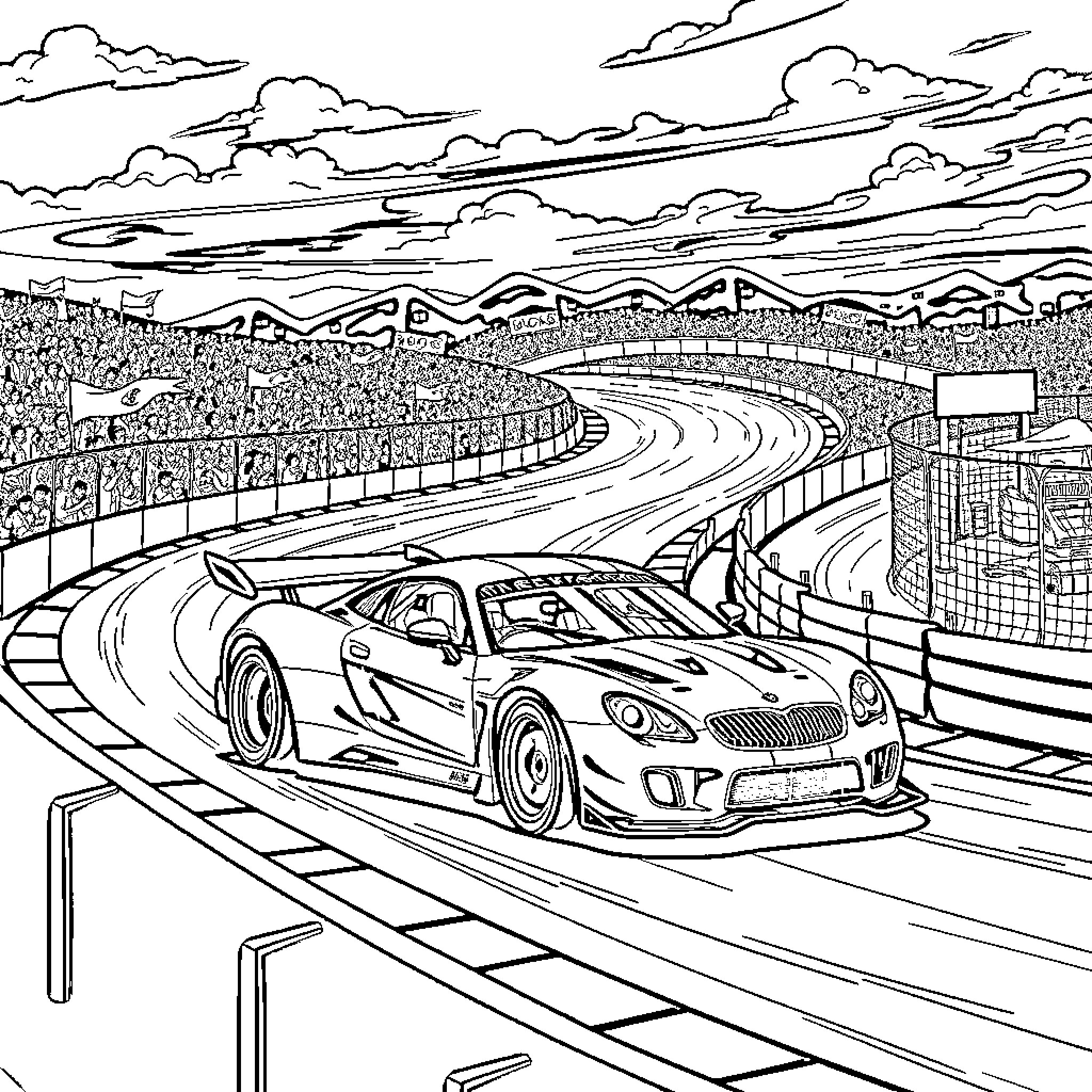 Car racing on a winding highway through the mountains Coloring Page (free black-and-white line drawing printable PDF for all, from beginners to advanced learners, including children, teens, adults, and seniors)