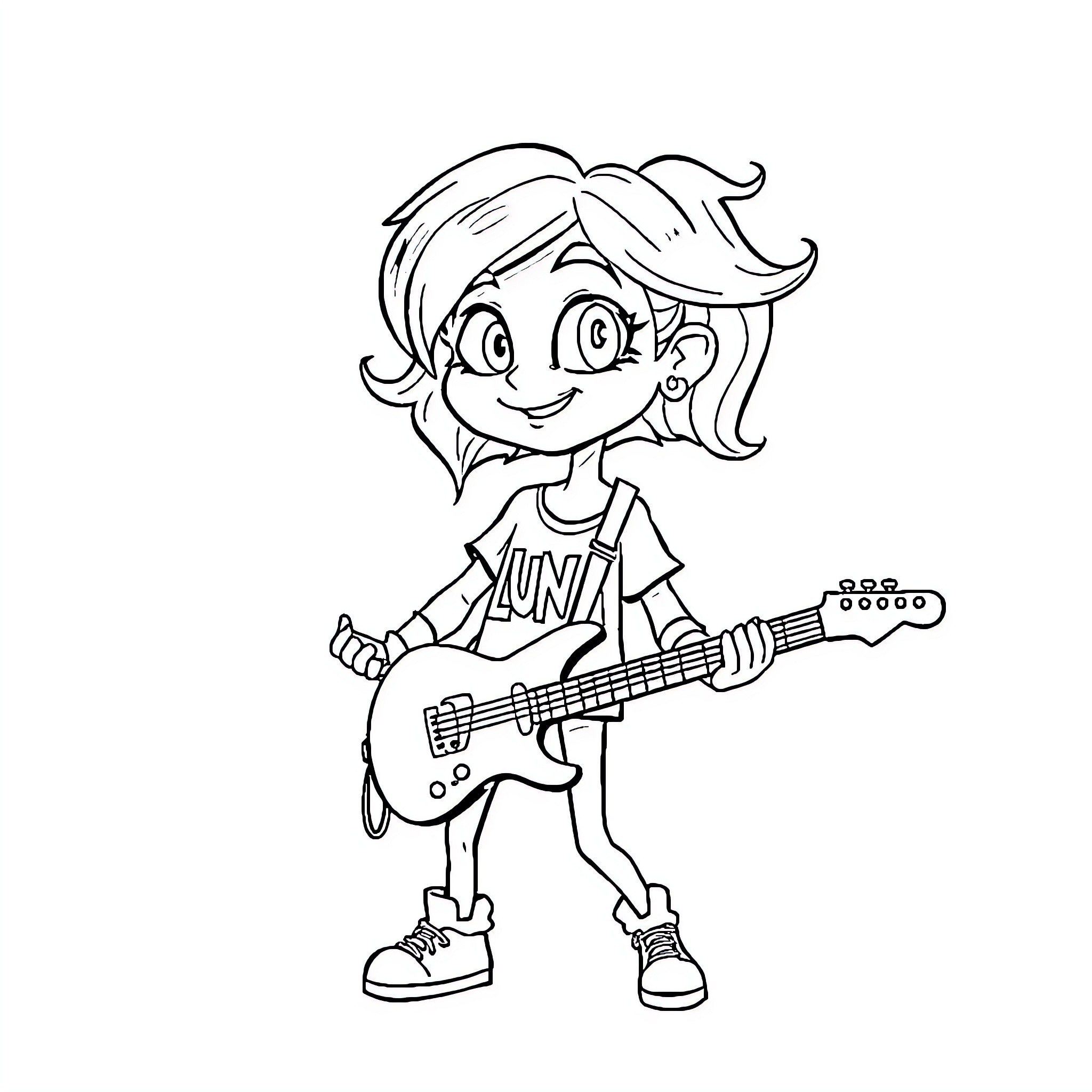 Luna Loud playing electric guitar with enthusiasm Coloring Page (free black-and-white line drawing printable PDF for all, from beginners to advanced learners, including children, teens, adults, and seniors)