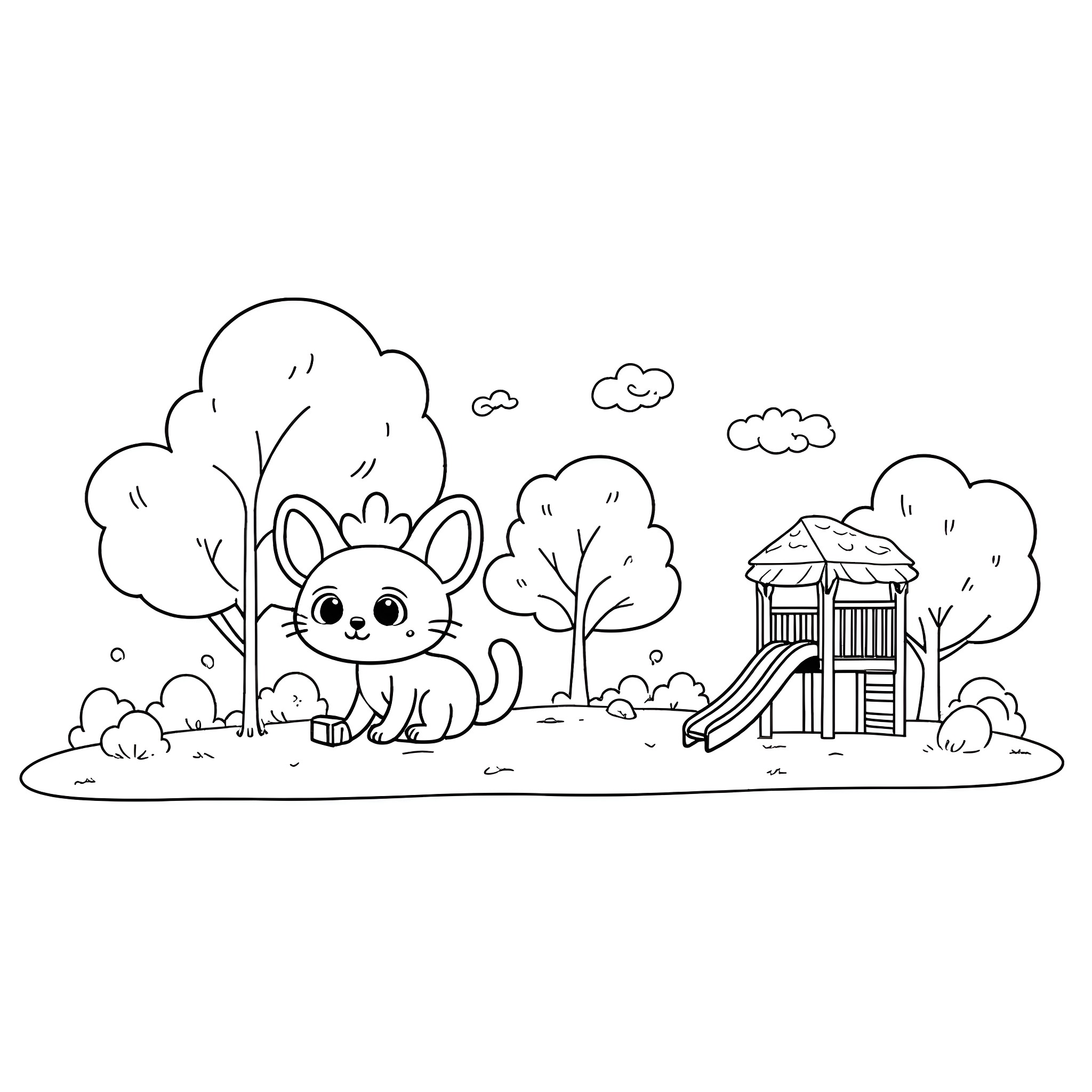 Bluey playing in the park with playground Coloring Page (free black-and-white line drawing printable PDF for all, from beginners to advanced learners, including children, teens, adults, and seniors)