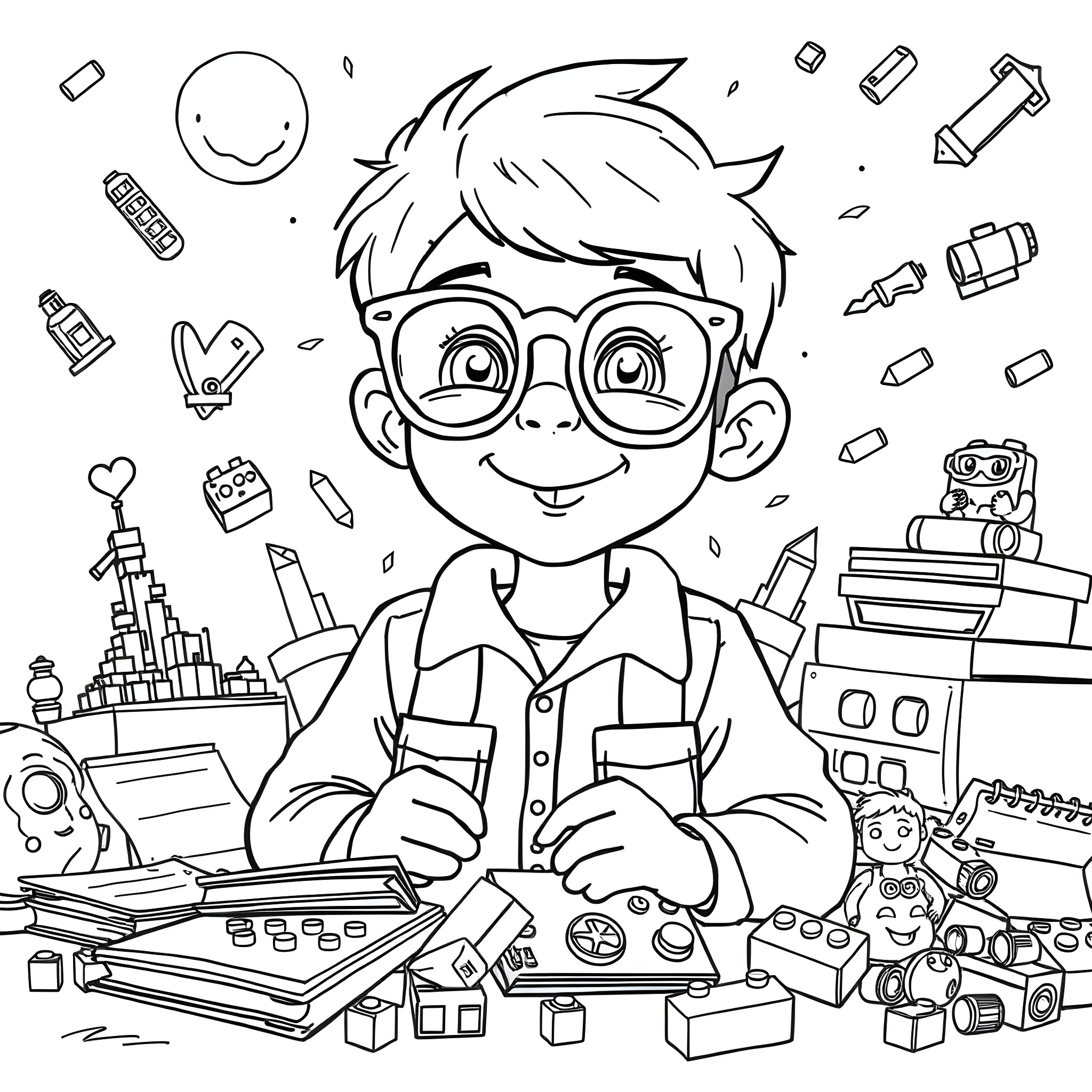 Diary of a Wimpy Kid's Artistic Adventures with School Supplies Coloring Page (free black-and-white line drawing printable PDF for all, from beginners to advanced learners, including children, teens, adults, and seniors)
