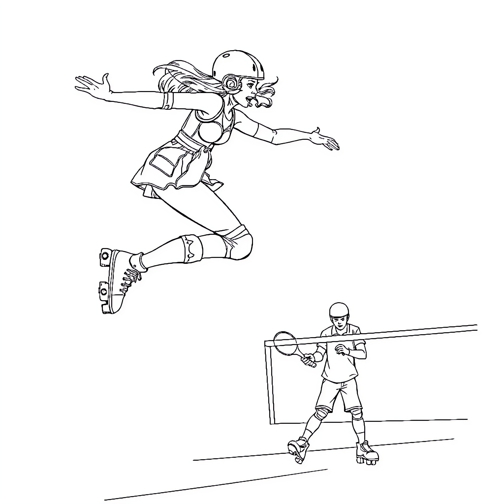 Roller Derby Skater Races with Passion and Skill Coloring Page (free black-and-white line drawing printable PDF for all, from beginners to advanced learners, including children, teens, adults, and seniors)