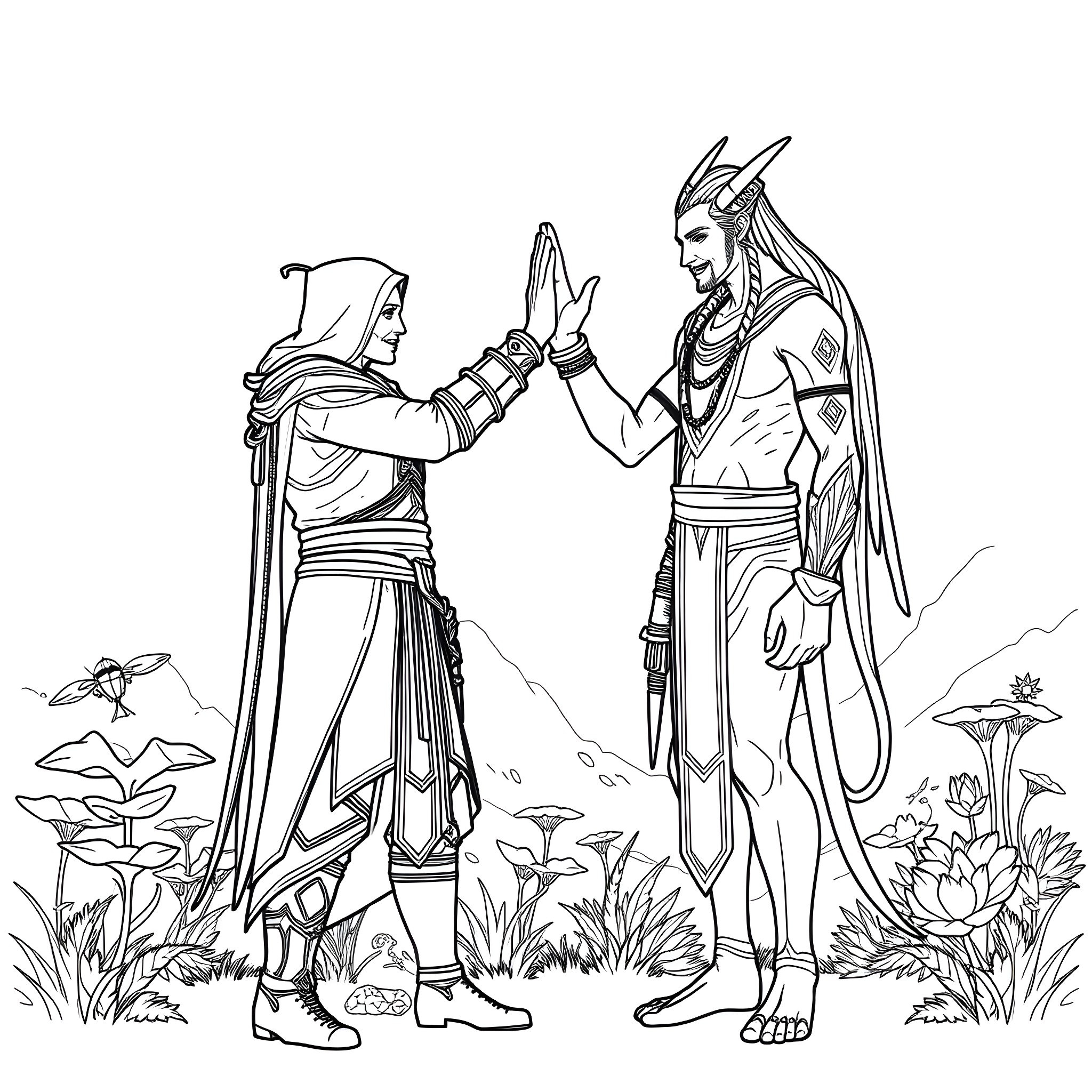Ezio's Encounter with a Noble Warrior in a Lush Landscape Coloring Page (free black-and-white line drawing printable PDF for all, from beginners to advanced learners, including children, teens, adults, and seniors)