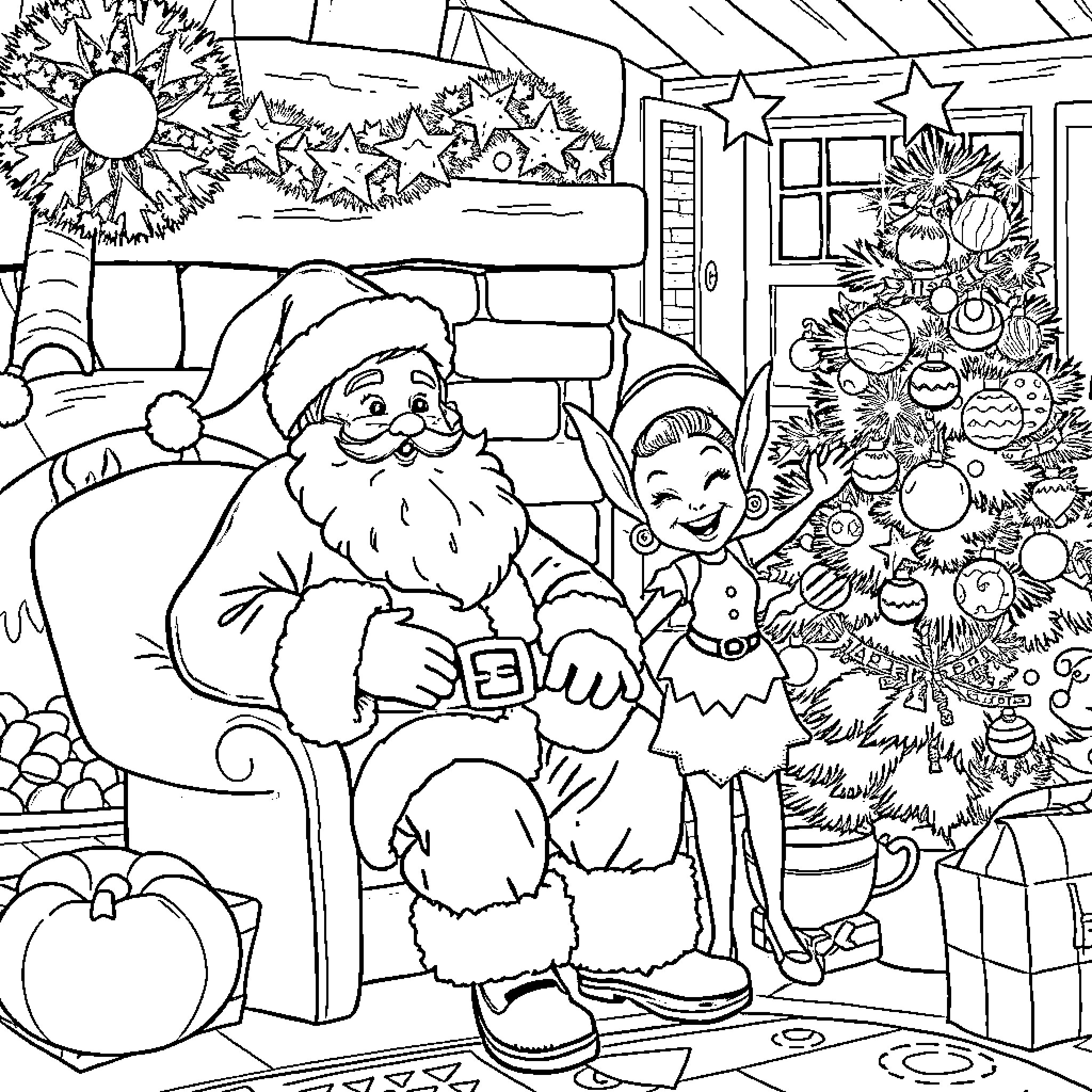 Santa's Christmas Celebration with a Joyful Child Coloring Page (free black-and-white line drawing printable PDF for all, from beginners to advanced learners, including children, teens, adults, and seniors)