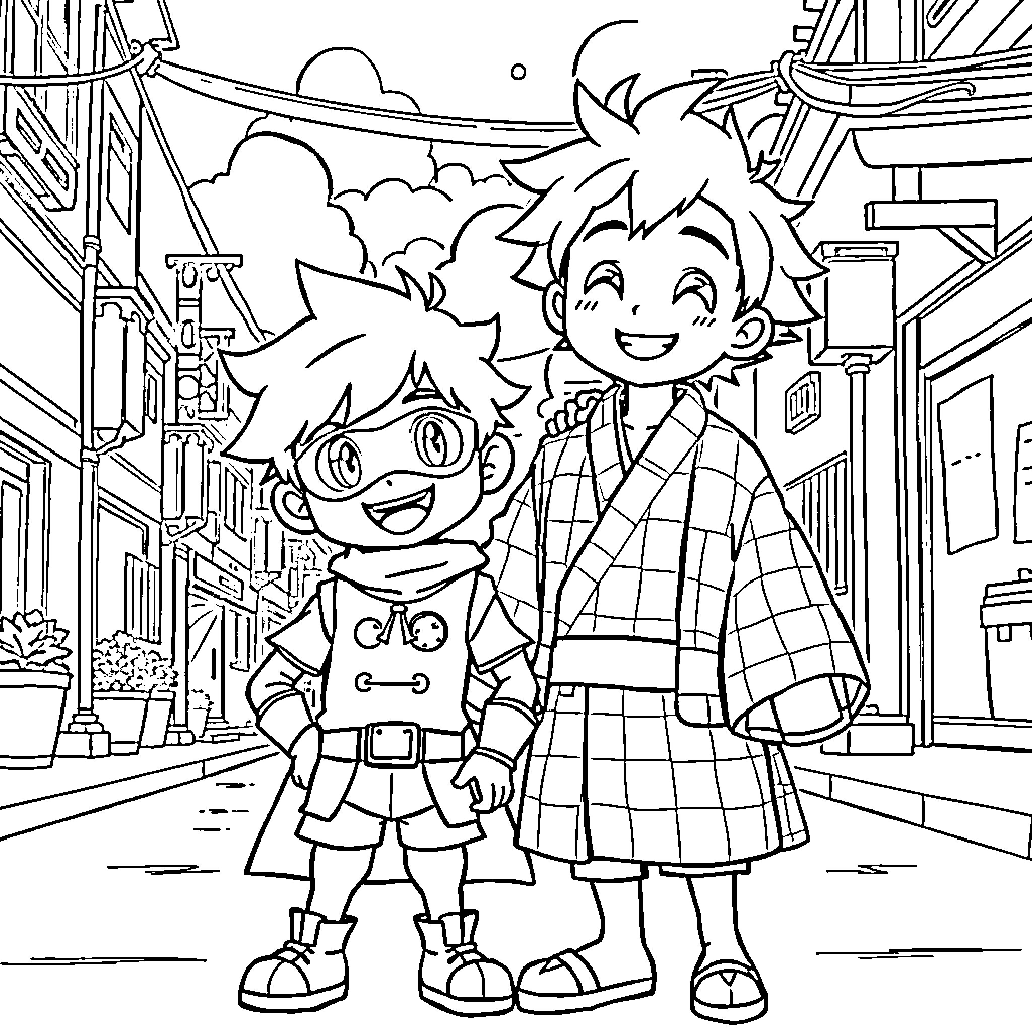 Deku and friend explore the vibrant town Coloring Page (free black-and-white line drawing printable PDF for all, from beginners to advanced learners, including children, teens, adults, and seniors)