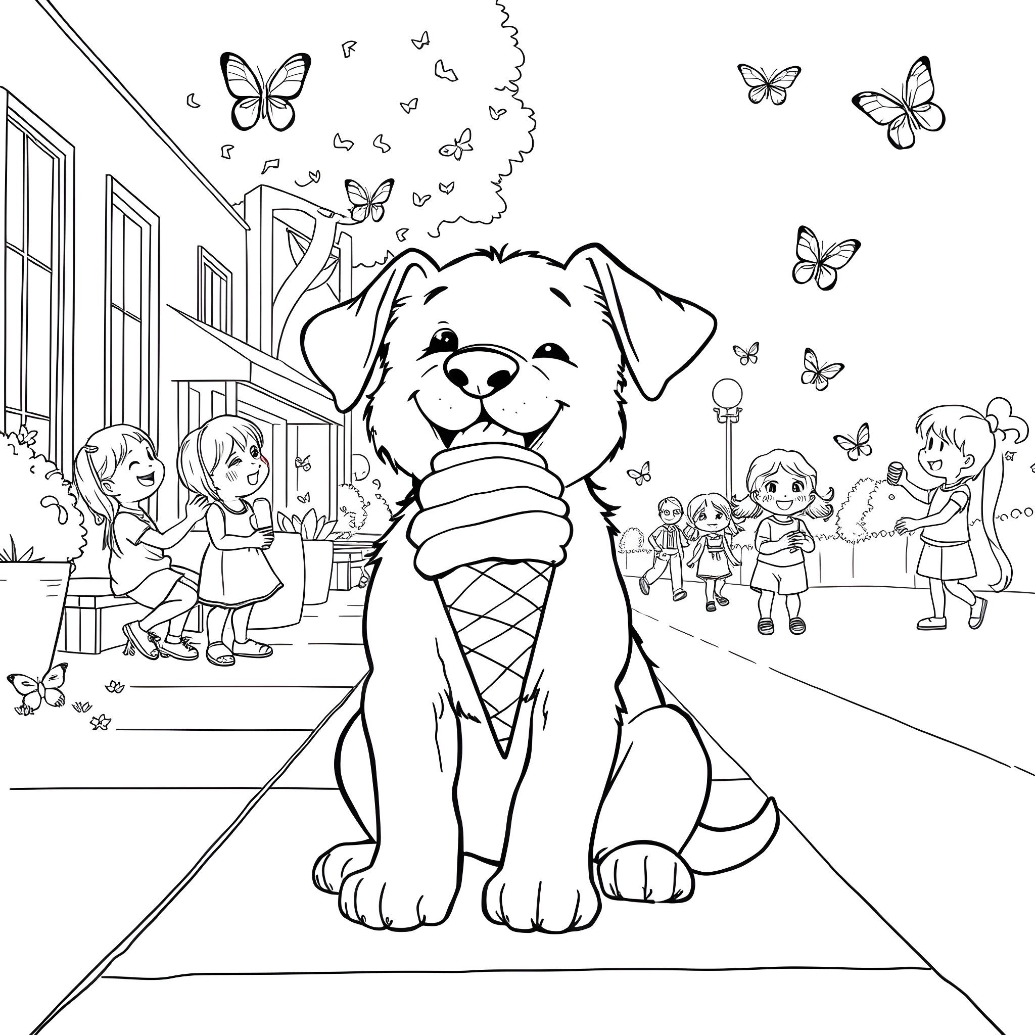 Puppy enjoying ice cream with children on the street Coloring Page (free black-and-white line drawing printable PDF for all, from beginners to advanced learners, including children, teens, adults, and seniors)