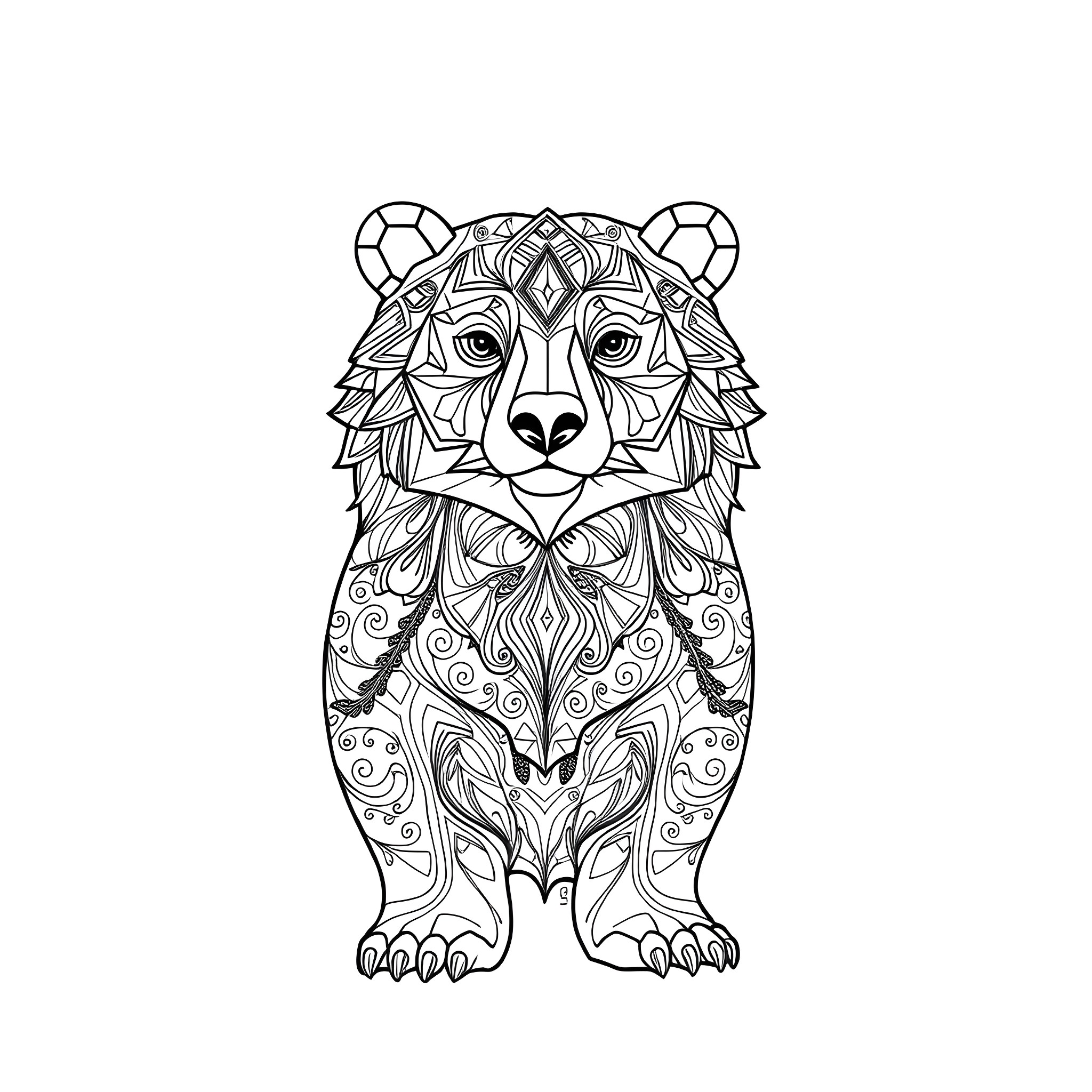 Bear with intricate floral patterns Coloring Page (free black-and-white line drawing printable PDF for all, from beginners to advanced learners, including children, teens, adults, and seniors)