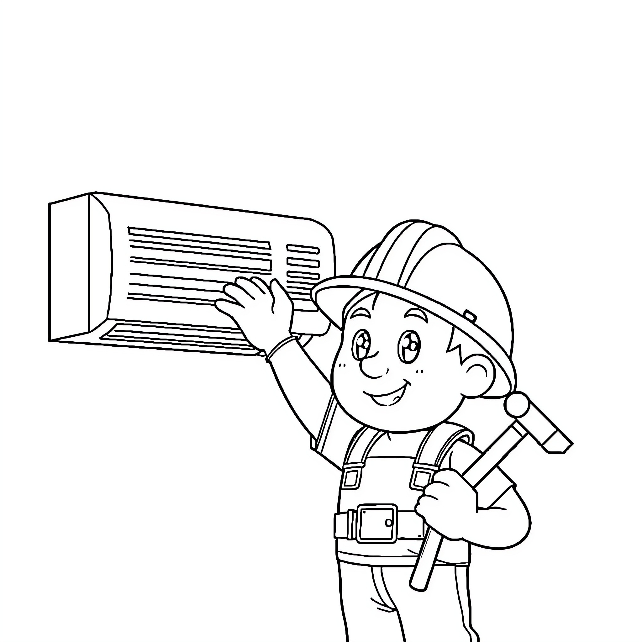 Bob the Builder repairing an air conditioning unit Coloring Page (free black-and-white line drawing printable PDF for all, from beginners to advanced learners, including children, teens, adults, and seniors)