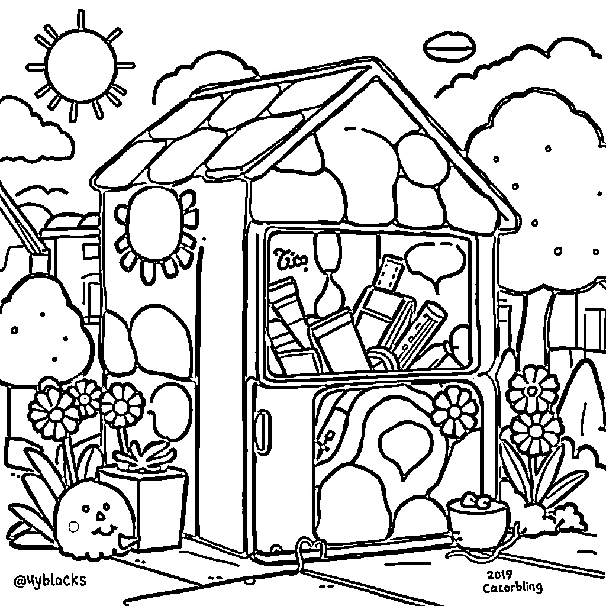 Luckyblock - Playful Shed in Vibrant Garden Coloring Page (free black-and-white line drawing printable PDF for all, from beginners to advanced learners, including children, teens, adults, and seniors)
