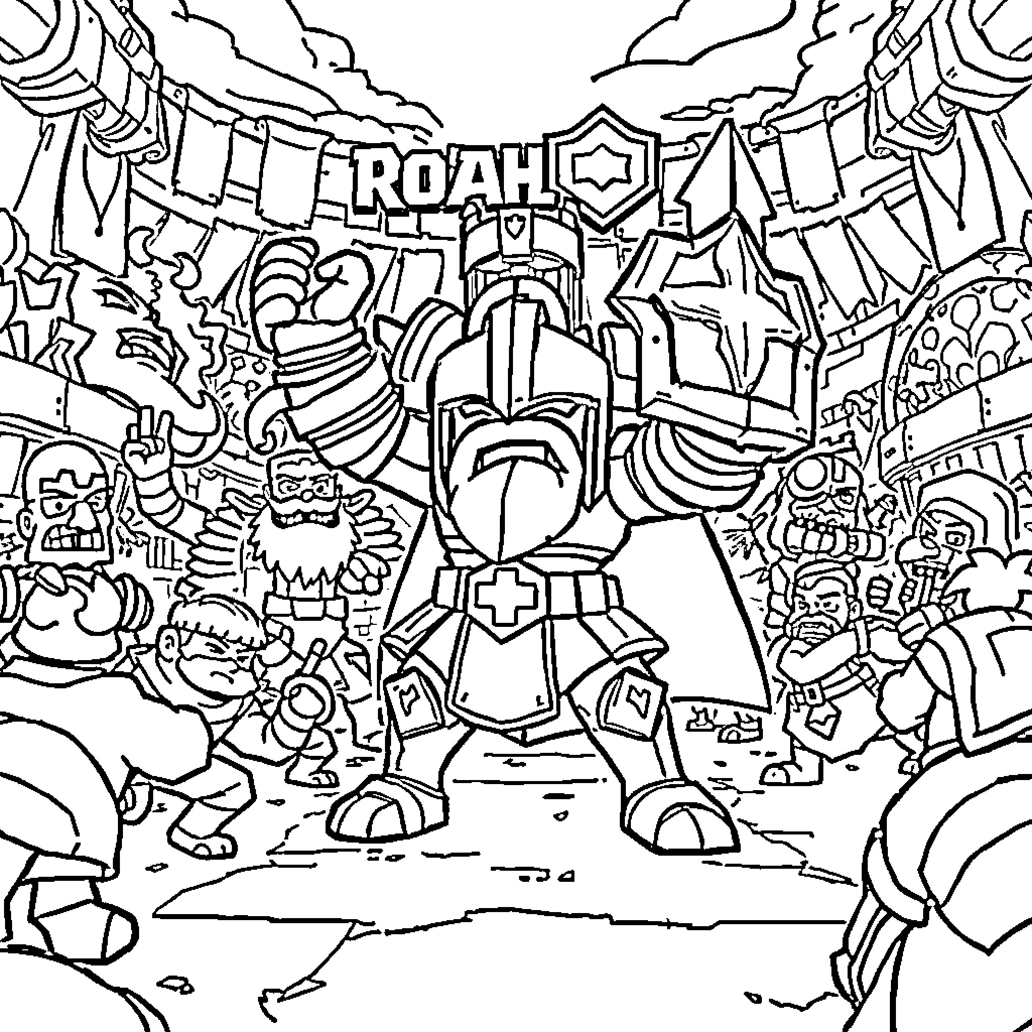 Mega Knight conquering a fantastical battlefield Coloring Page (free black-and-white line drawing printable PDF for all, from beginners to advanced learners, including children, teens, adults, and seniors)