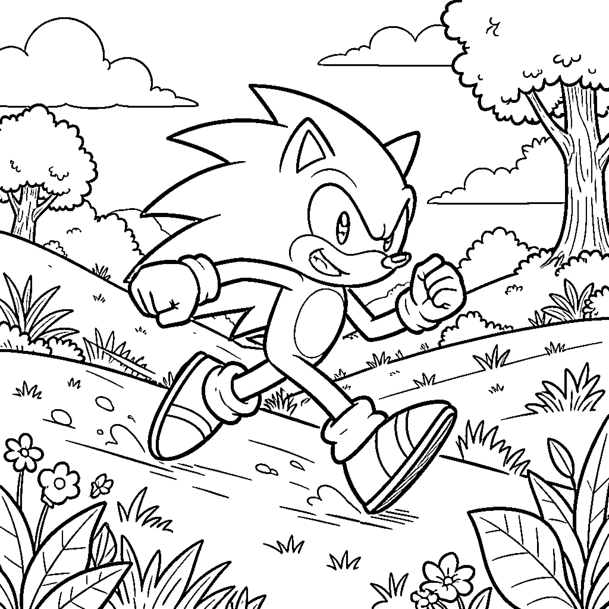 Sonic running fast through a grassy landscape Coloring Page (free black-and-white line drawing printable PDF for all, from beginners to advanced learners, including children, teens, adults, and seniors)