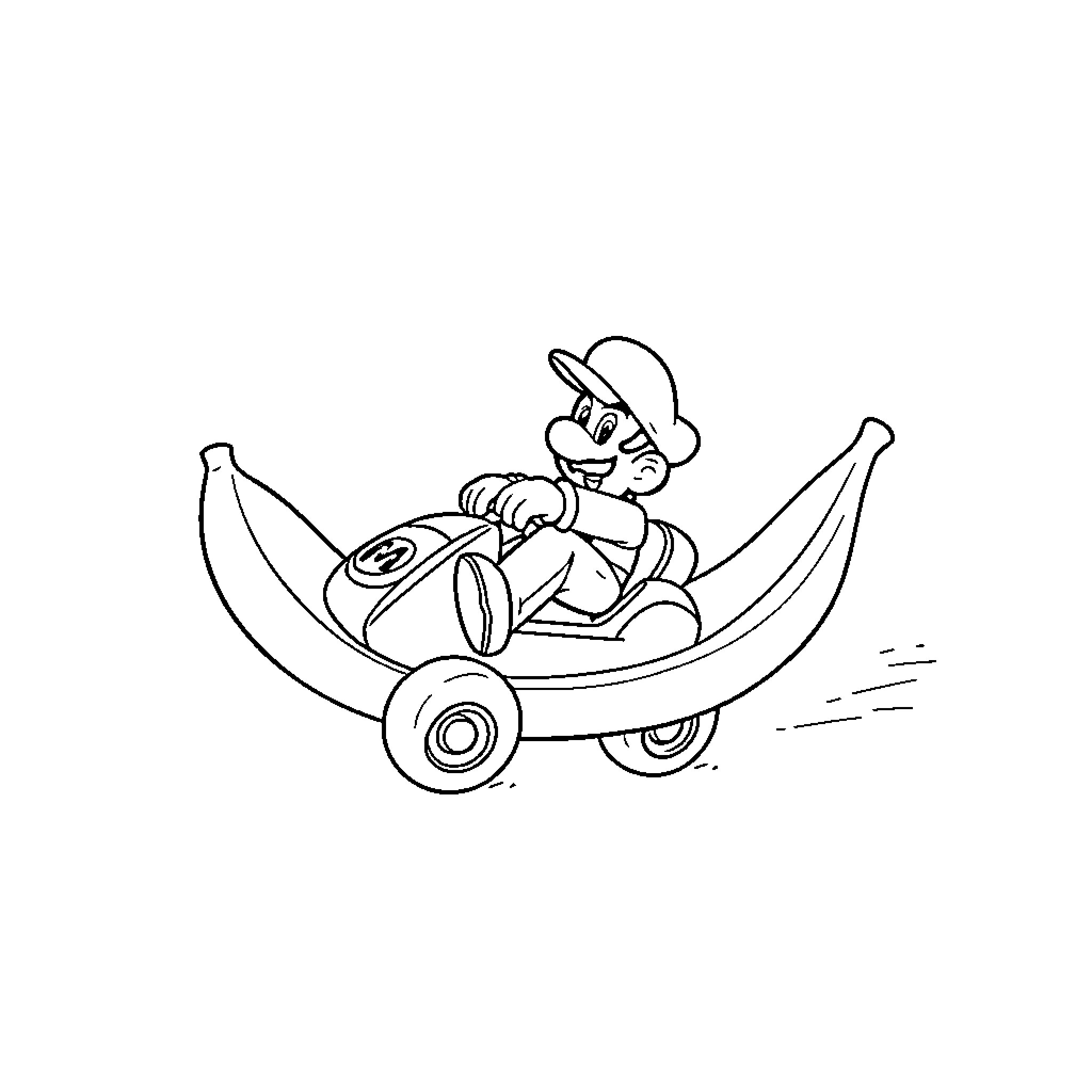 Mario riding in a banana-shaped vehicle Coloring Page (free black-and-white line drawing printable PDF for all, from beginners to advanced learners, including children, teens, adults, and seniors)