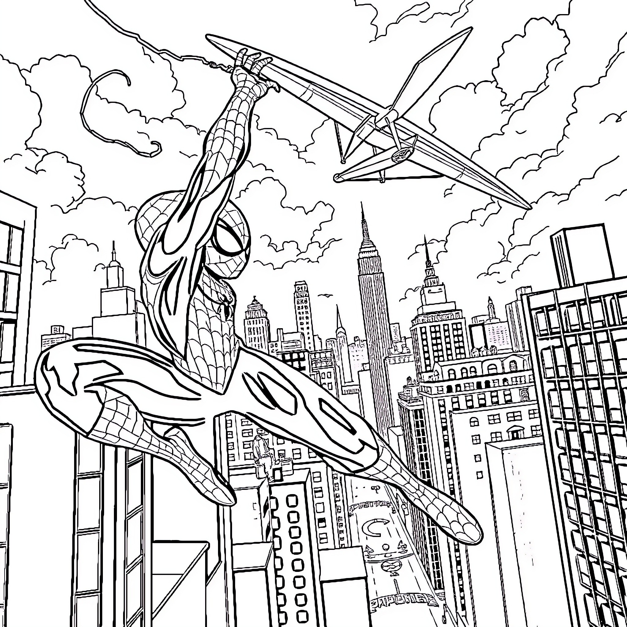 Spiderman swinging through the skyscrapers of New York City Coloring Page (free black-and-white line drawing printable PDF for all, from beginners to advanced learners, including children, teens, adults, and seniors)