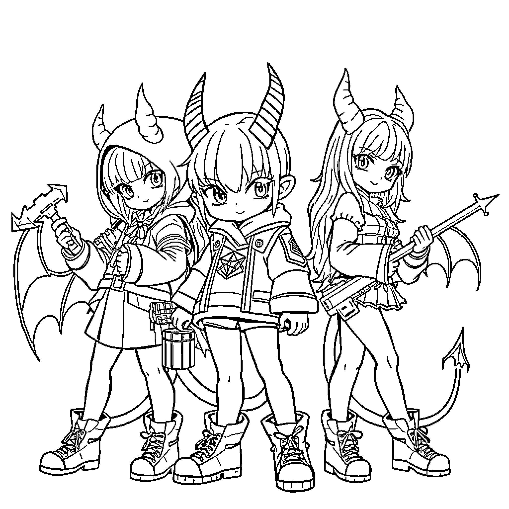 Demon Hunters in Fierce Combat Attire Coloring Page (free black-and-white line drawing printable PDF for all, from beginners to advanced learners, including children, teens, adults, and seniors)