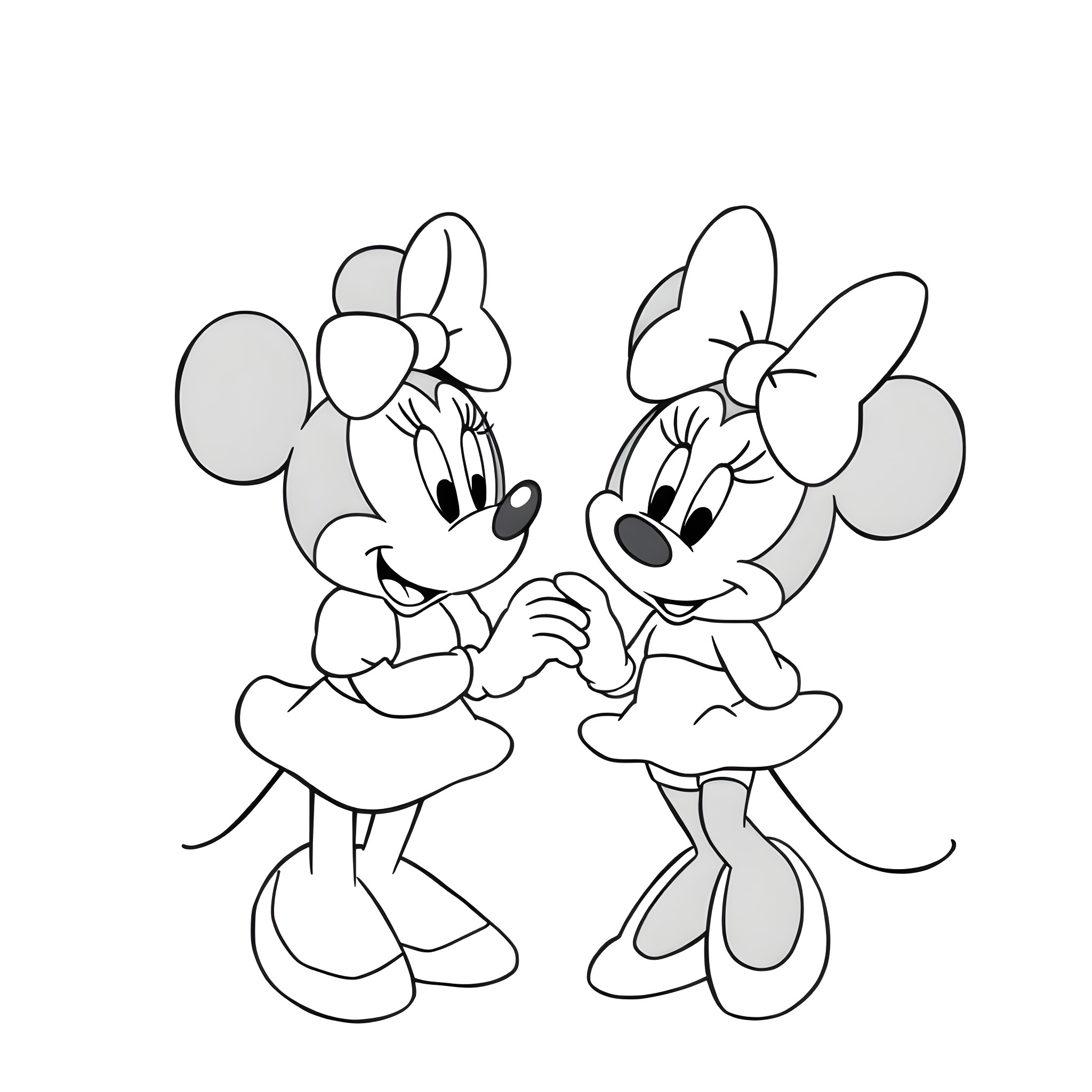 Minnie Mouse and her friend in a playful pose Coloring Page (free black-and-white line drawing printable PDF for all, from beginners to advanced learners, including children, teens, adults, and seniors)