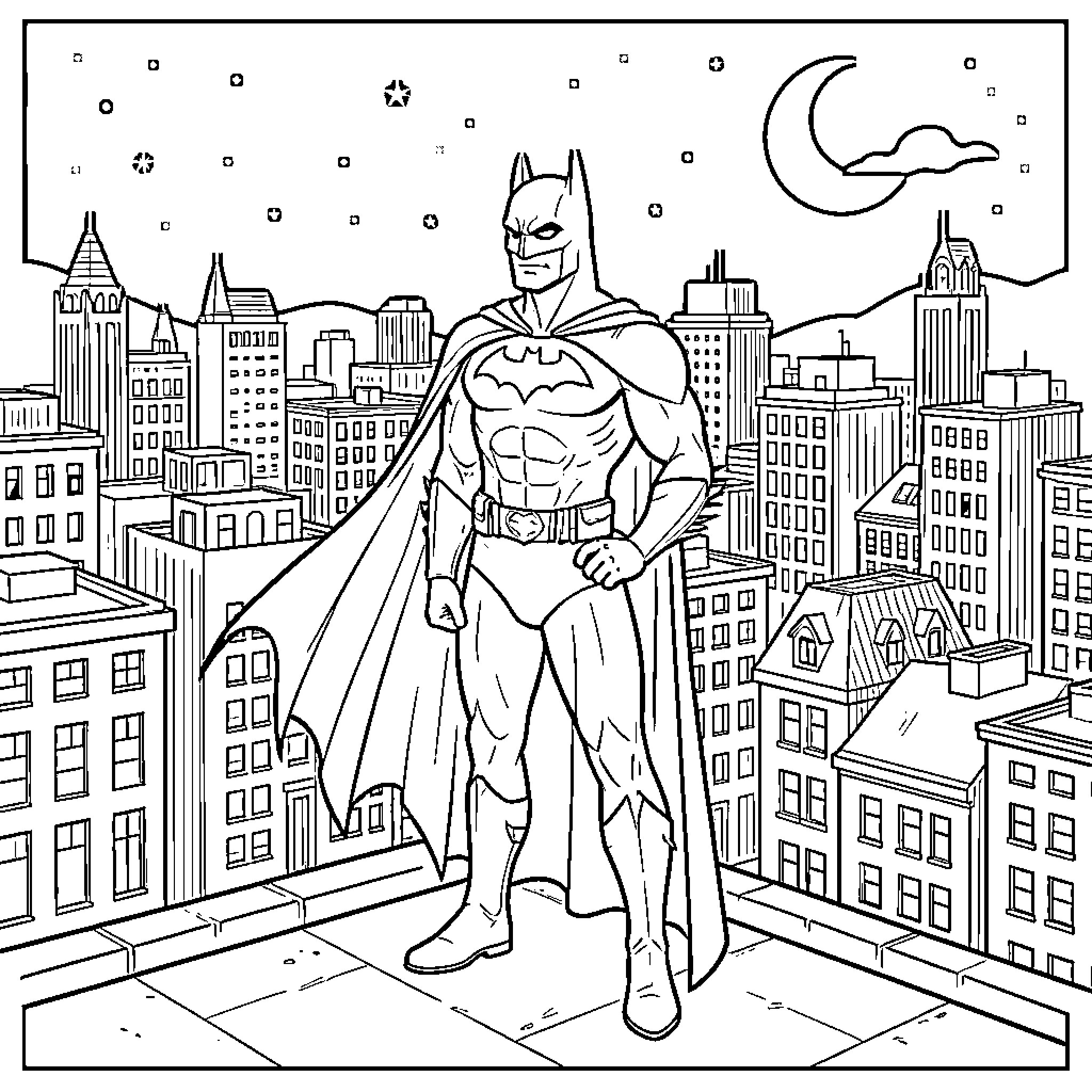 Batman standing heroically overlooking a city skyline at night Coloring Page (free black-and-white line drawing printable PDF for all, from beginners to advanced learners, including children, teens, adults, and seniors)