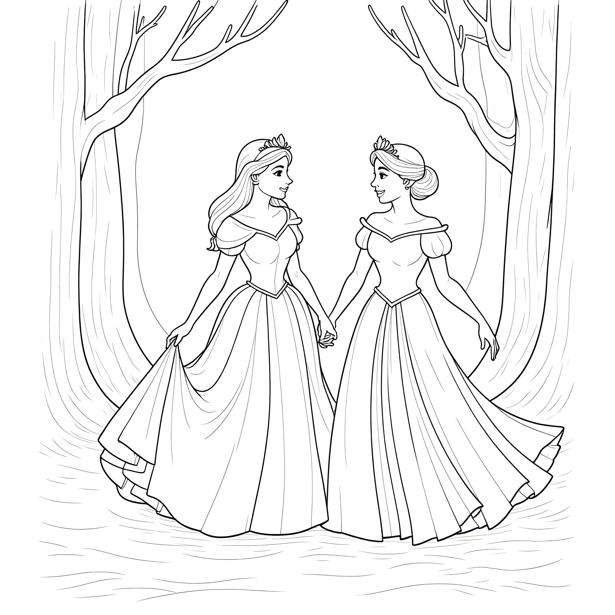 Princess Sisters in Elegant Ball Gowns Coloring Page (free black-and-white line drawing printable PDF for all, from beginners to advanced learners, including children, teens, adults, and seniors)