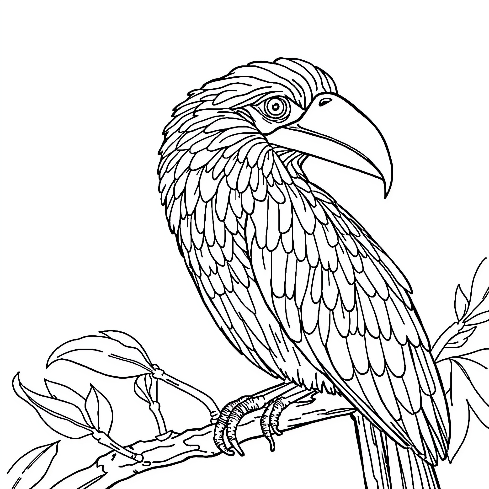 Animal perched on branch with leaves Coloring Page (free black-and-white line drawing printable PDF for all, from beginners to advanced learners, including children, teens, adults, and seniors)