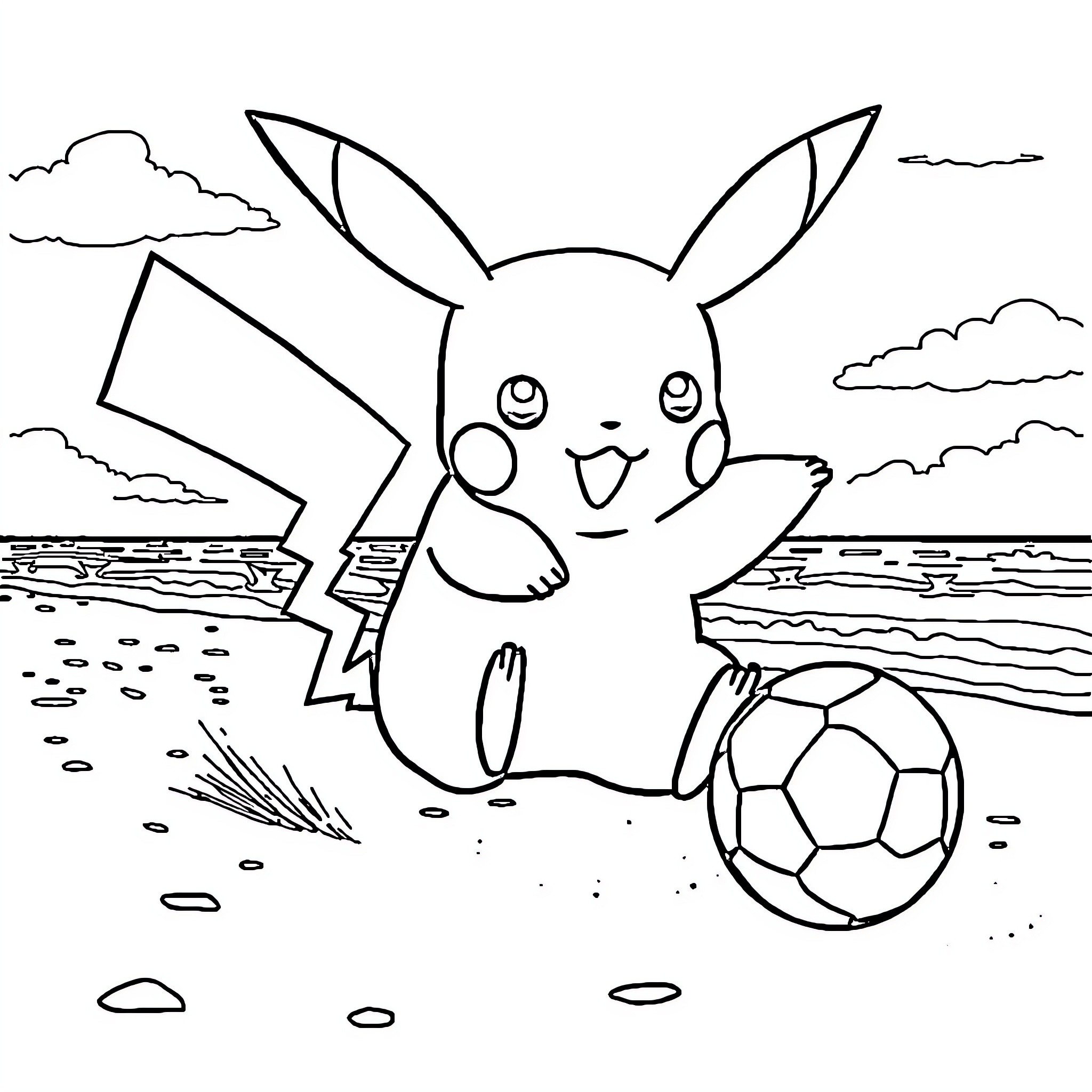 Pikachu playing with a soccer ball on the beach Coloring Page (free black-and-white line drawing printable PDF for all, from beginners to advanced learners, including children, teens, adults, and seniors)