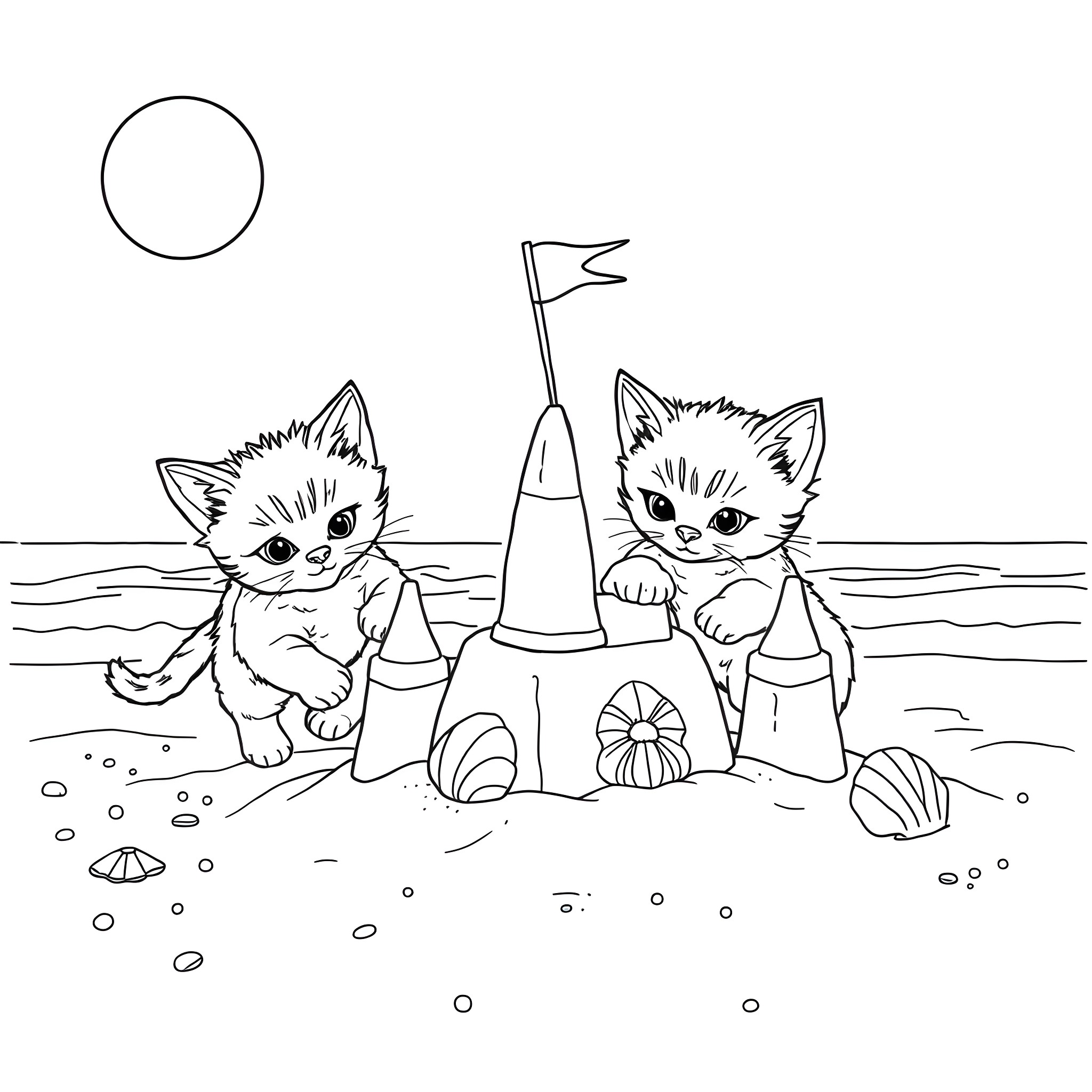 Kittens playing at the beach with sandcastle Coloring Page (free black-and-white line drawing printable PDF for all, from beginners to advanced learners, including children, teens, adults, and seniors)