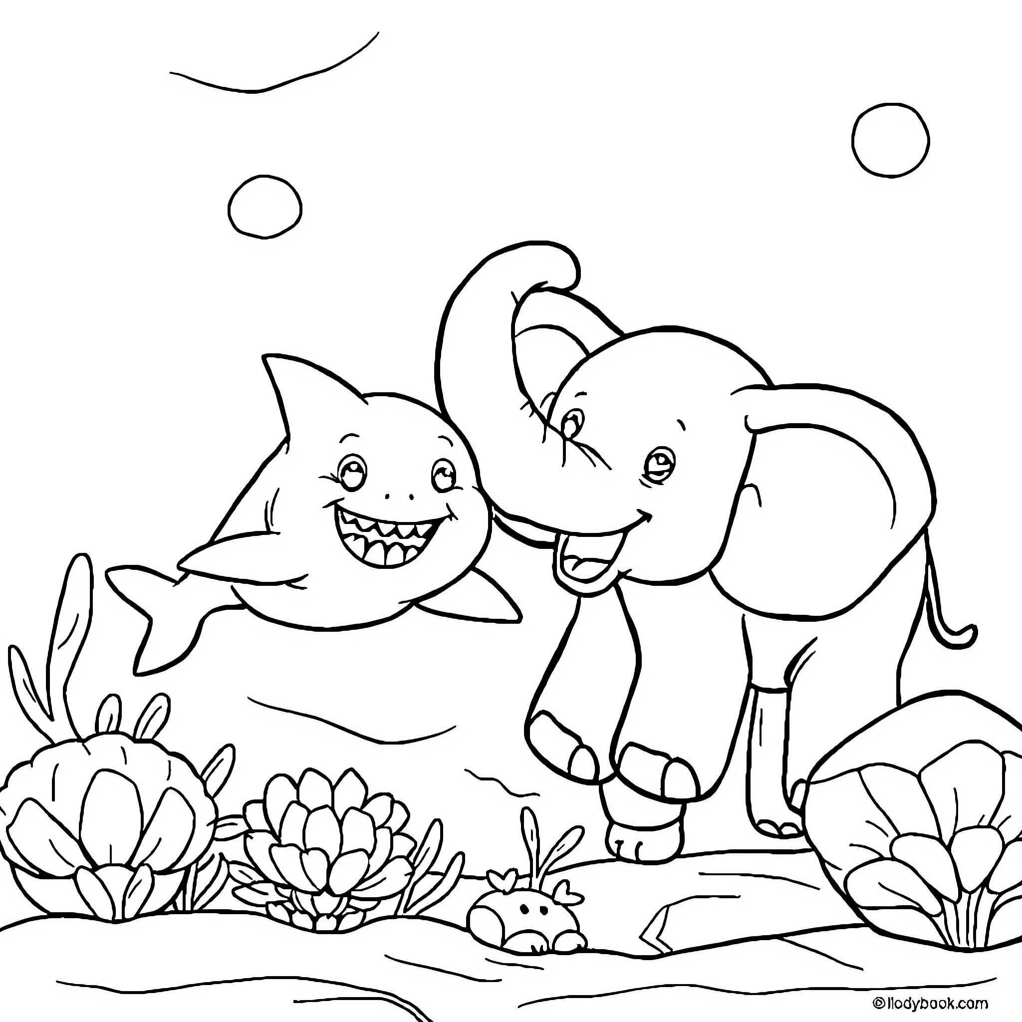 Shark and Elephant Playing Together in Nature Coloring Page (free black-and-white line drawing printable PDF for all, from beginners to advanced learners, including children, teens, adults, and seniors)