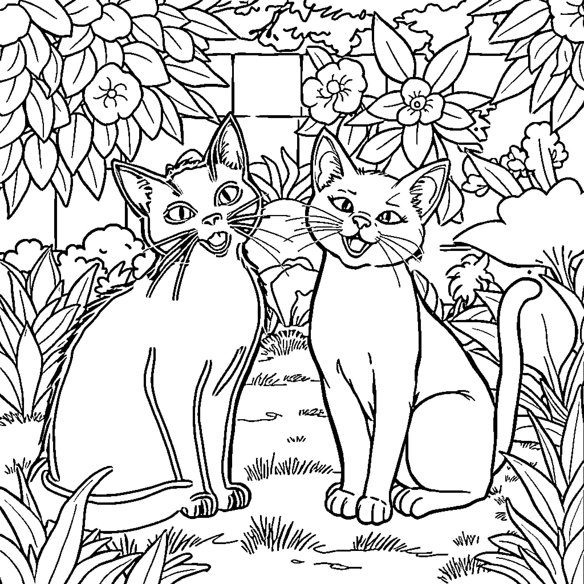 Cats playing in the floral garden Coloring Page (free black-and-white line drawing printable PDF for all, from beginners to advanced learners, including children, teens, adults, and seniors)