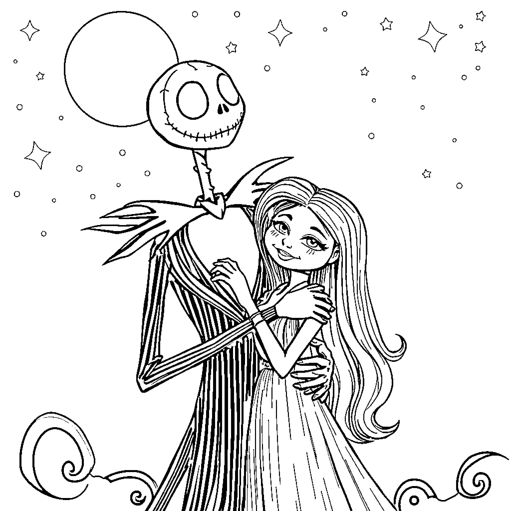 Jack and Sally enjoying a starry night together Coloring Page (free black-and-white line drawing printable PDF for all, from beginners to advanced learners, including children, teens, adults, and seniors)