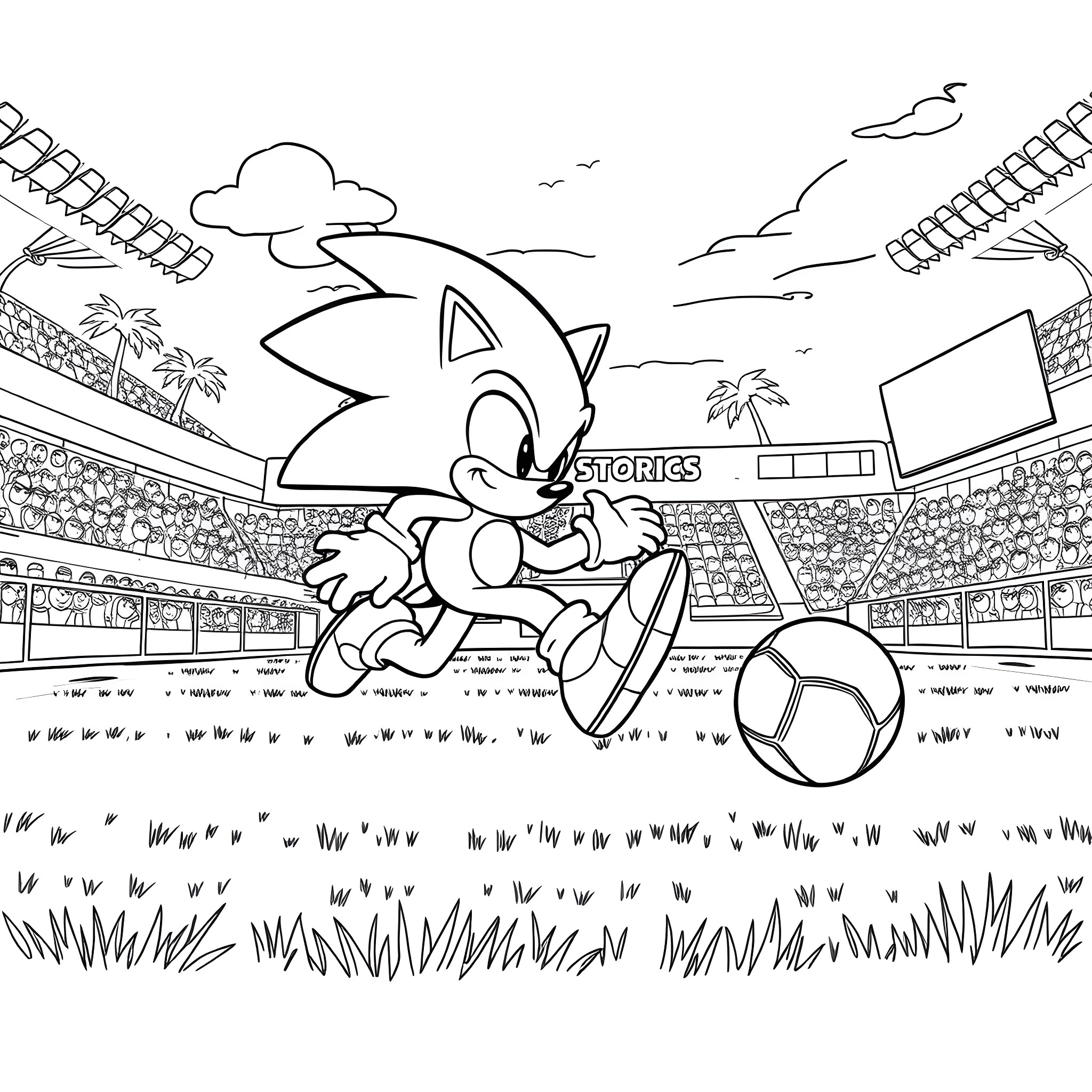 Sonic playing football in a sports stadium Coloring Page (free black-and-white line drawing printable PDF for all, from beginners to advanced learners, including children, teens, adults, and seniors)