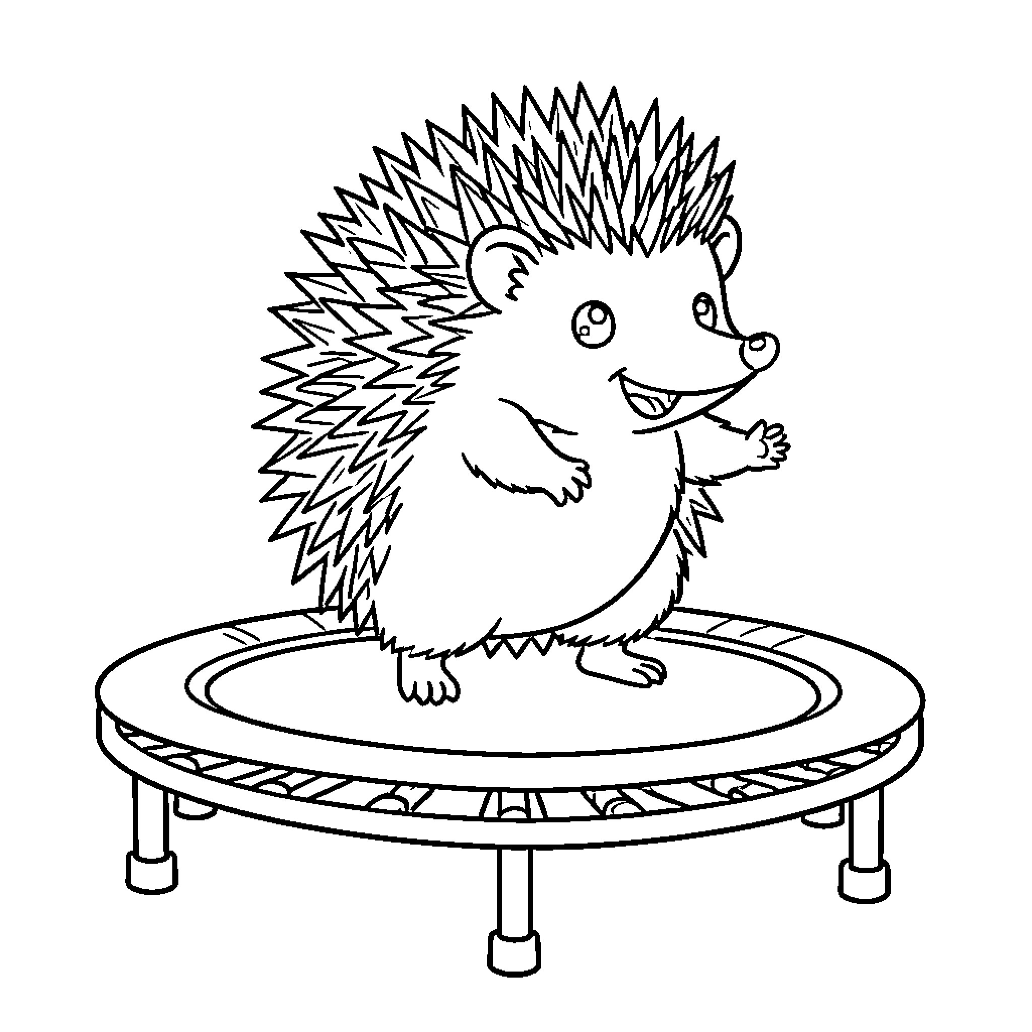 Hedgehog bouncing happily on trampoline Coloring Page (free black-and-white line drawing printable PDF for all, from beginners to advanced learners, including children, teens, adults, and seniors)