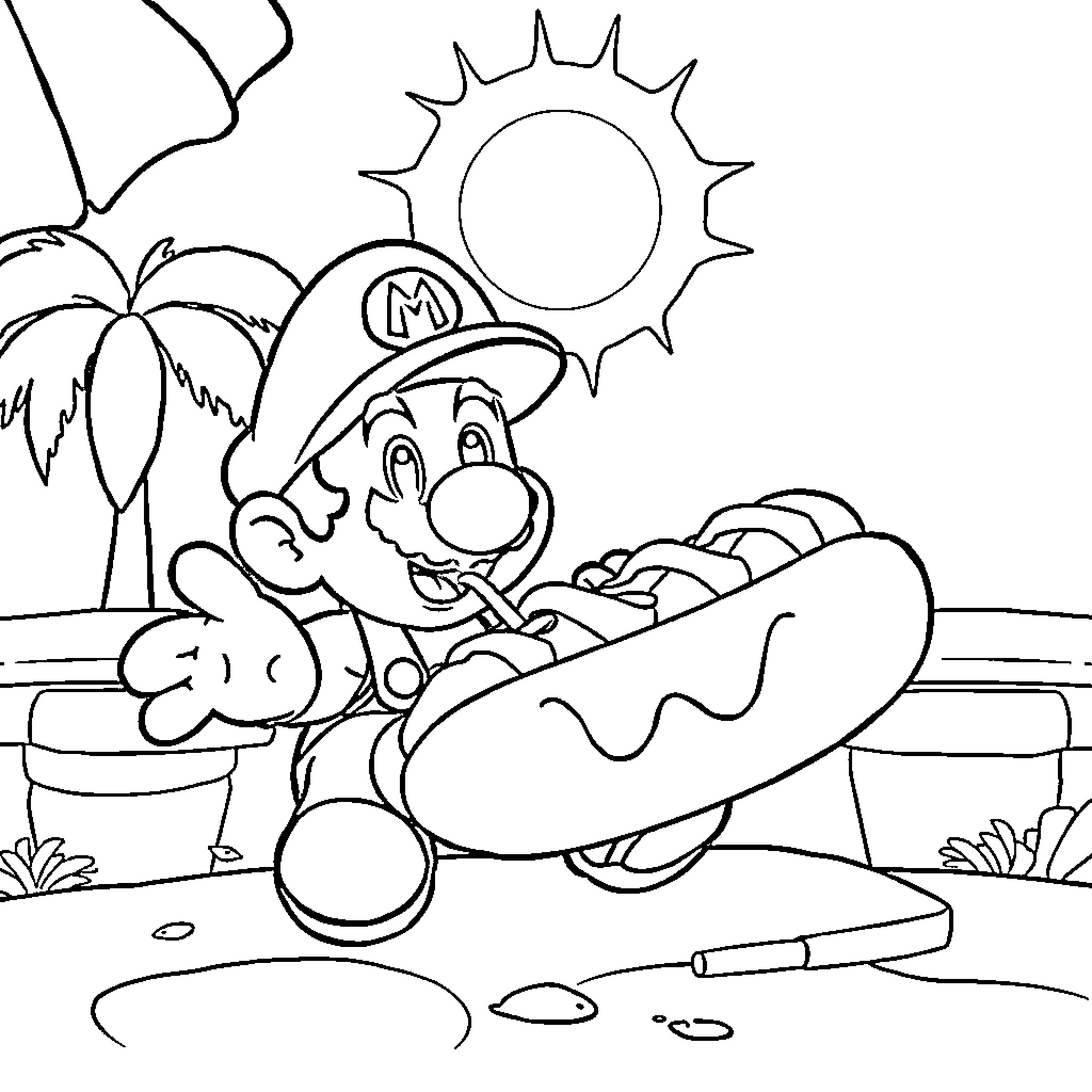 Toad enjoying a sunny day by the beach Coloring Page (free black-and-white line drawing printable PDF for all, from beginners to advanced learners, including children, teens, adults, and seniors)