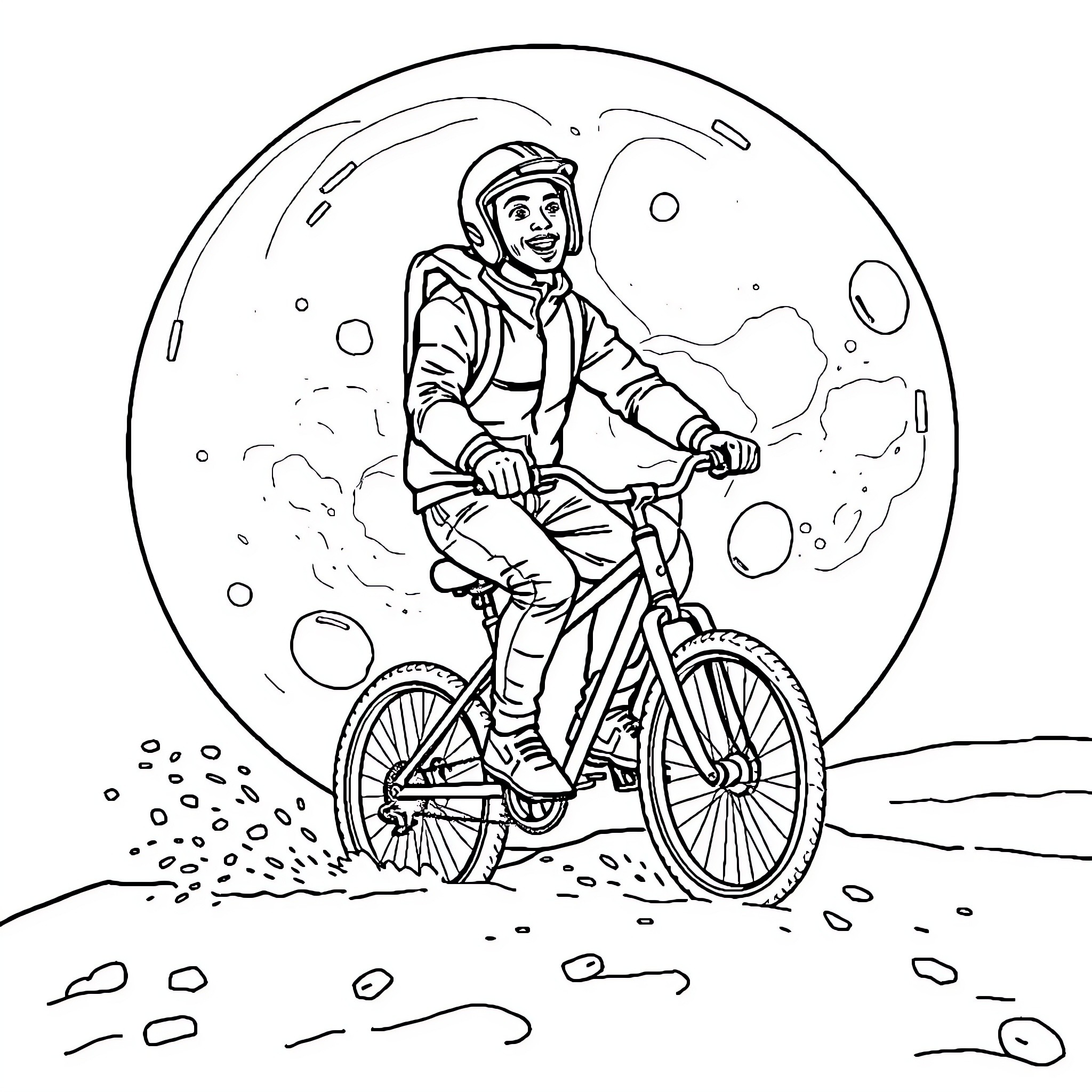 Man riding bicycle in winter landscape Coloring Page (free black-and-white line drawing printable PDF for all, from beginners to advanced learners, including children, teens, adults, and seniors)