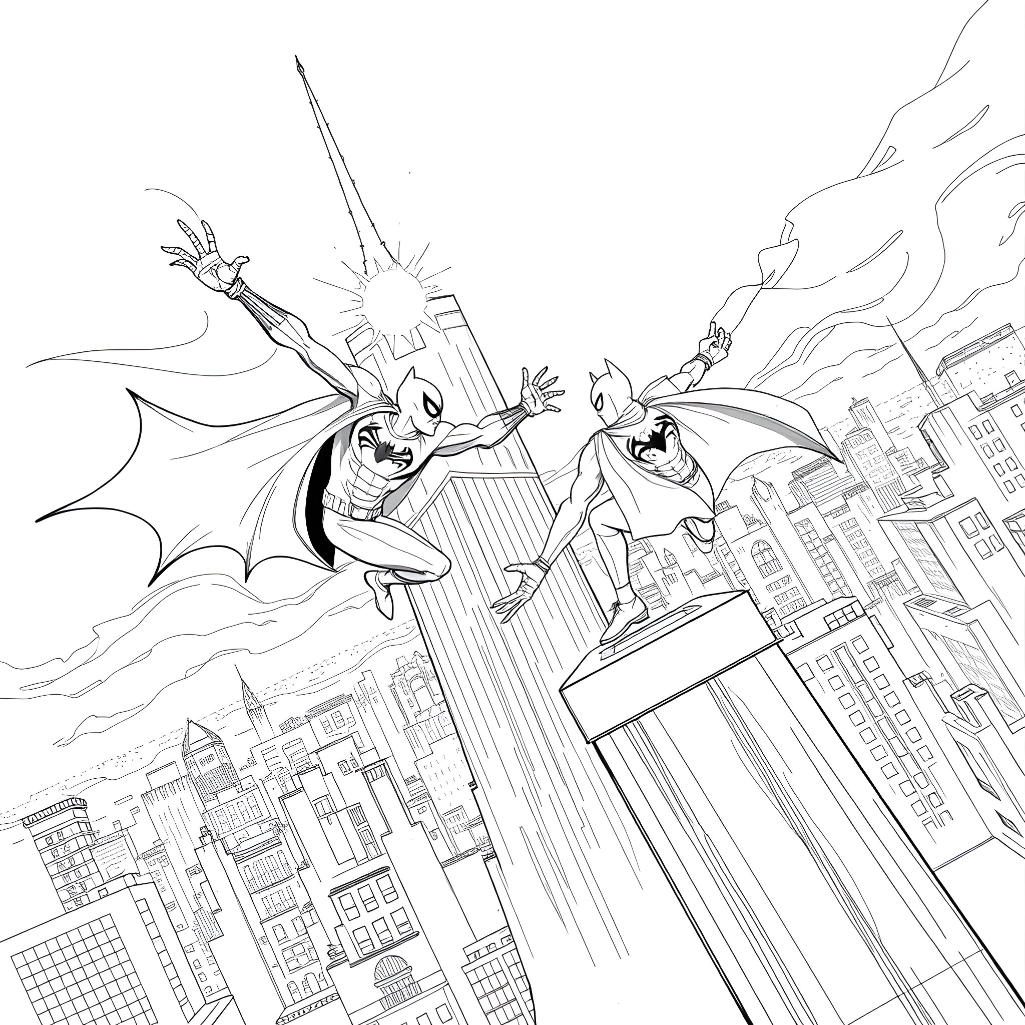 Batman and Robin soar through the city skyline Coloring Page (free black-and-white line drawing printable PDF for all, from beginners to advanced learners, including children, teens, adults, and seniors)