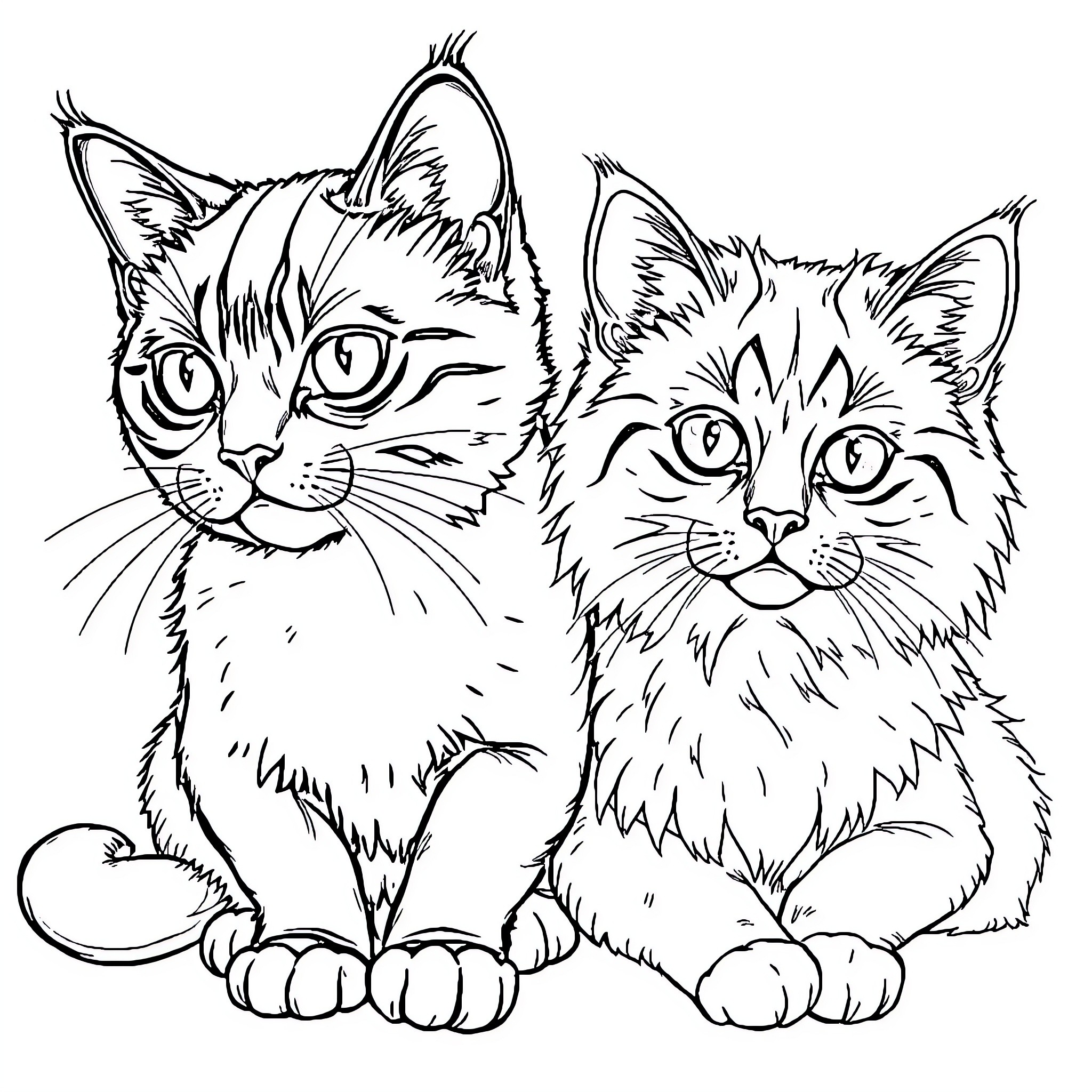 Cats looking curiously at the viewer Coloring Page (free black-and-white line drawing printable PDF for all, from beginners to advanced learners, including children, teens, adults, and seniors)