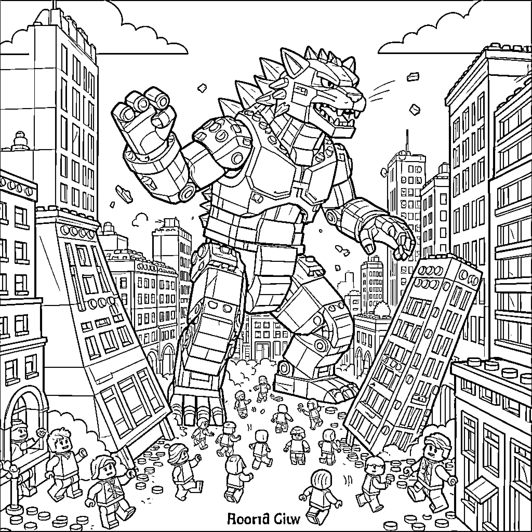 Catzilla Causing Chaos in the City Coloring Page (free black-and-white line drawing printable PDF for all, from beginners to advanced learners, including children, teens, adults, and seniors)