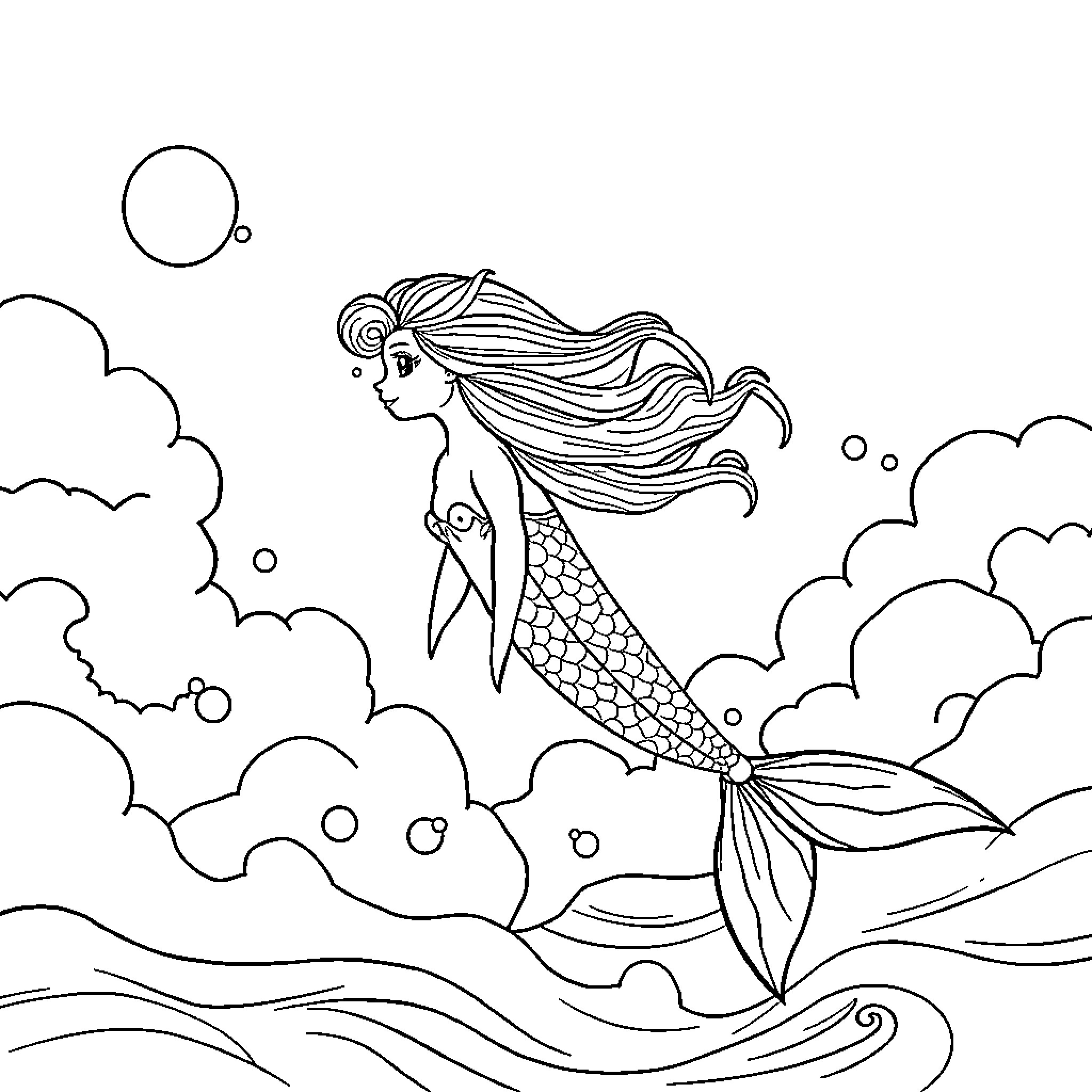 Mermaid swimming gracefully in the ocean Coloring Page (free black-and-white line drawing printable PDF for all, from beginners to advanced learners, including children, teens, adults, and seniors)