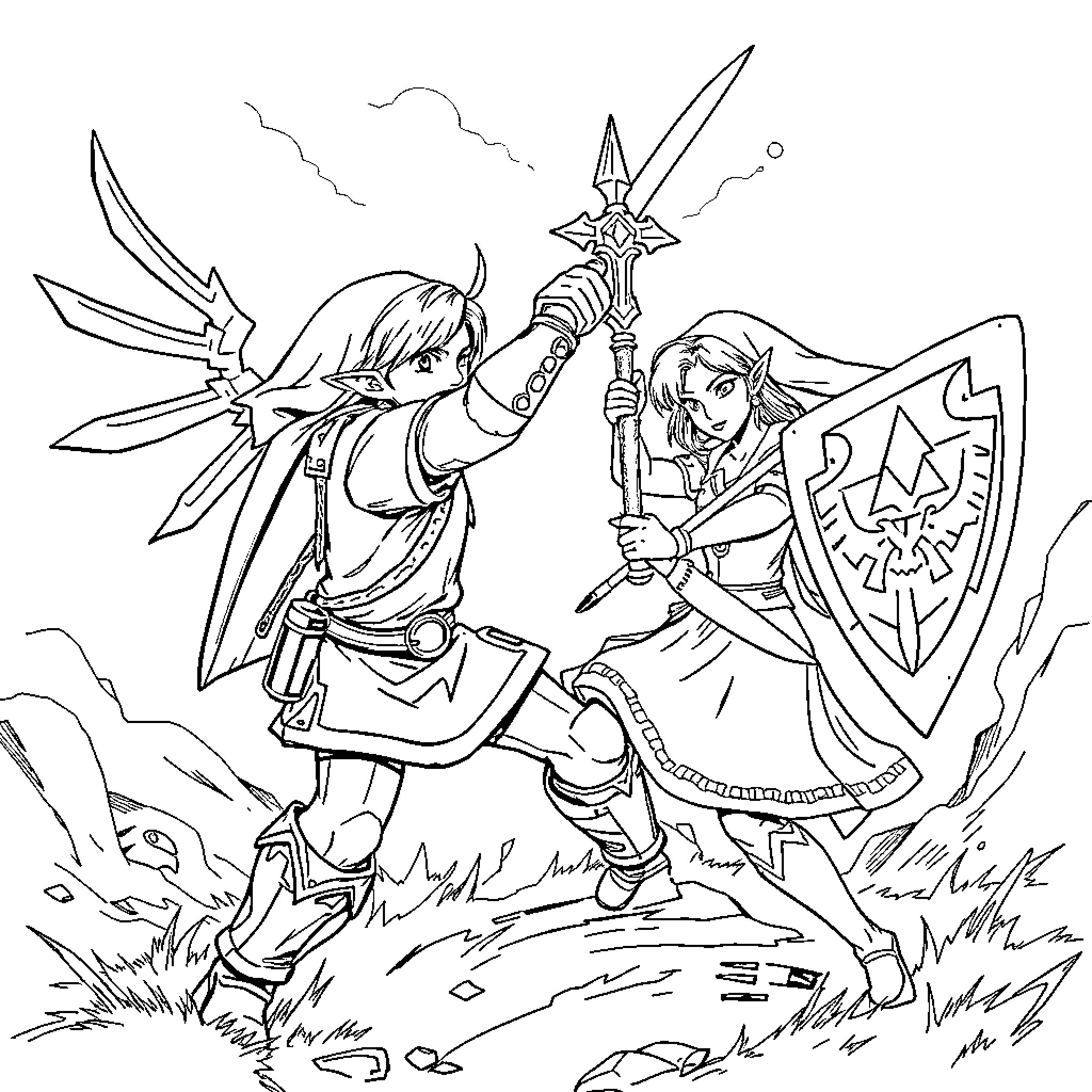 Link engaged in combat with sword and shield Coloring Page (free black-and-white line drawing printable PDF for all, from beginners to advanced learners, including children, teens, adults, and seniors)