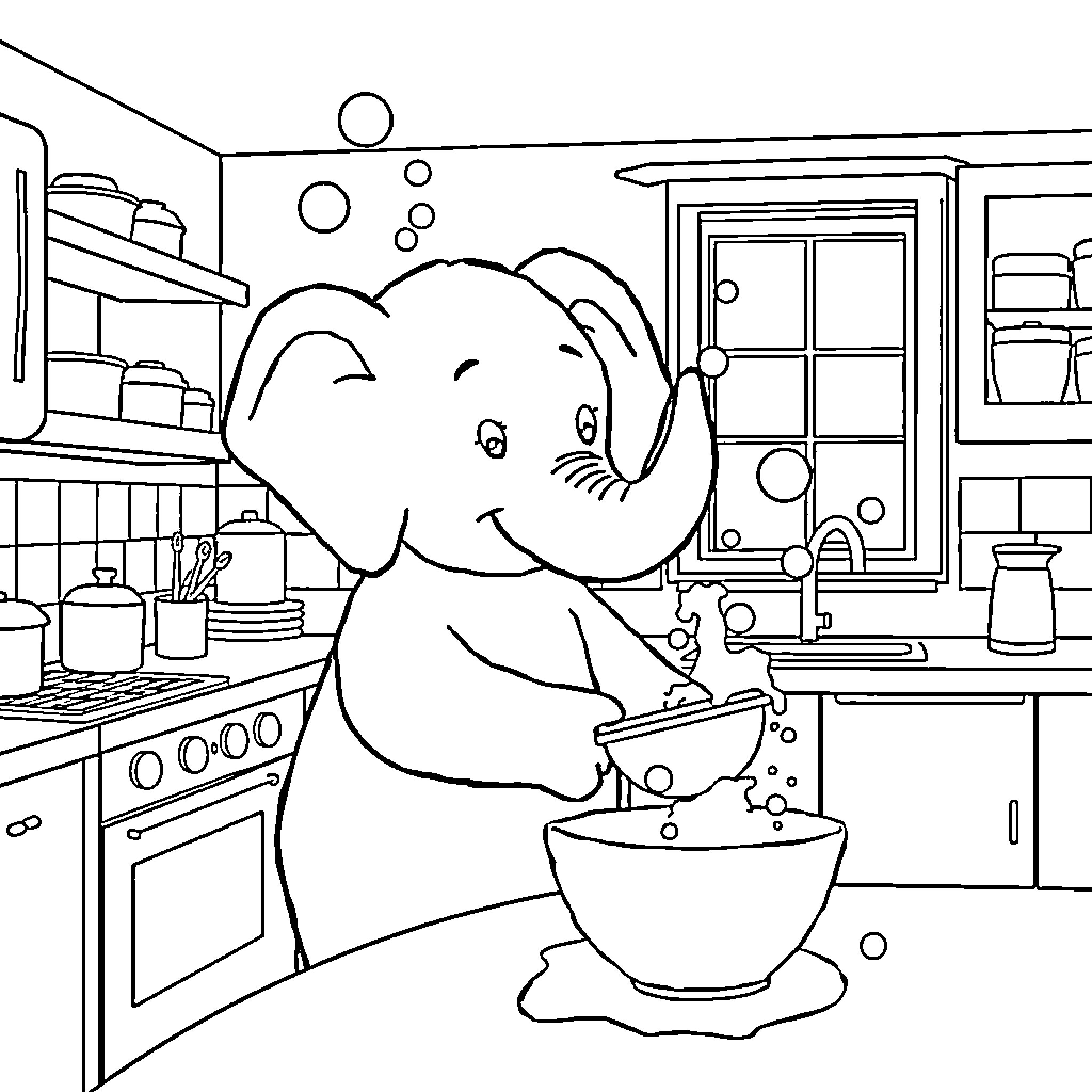 Babar the elephant cooking happily in the kitchen Coloring Page (free black-and-white line drawing printable PDF for all, from beginners to advanced learners, including children, teens, adults, and seniors)