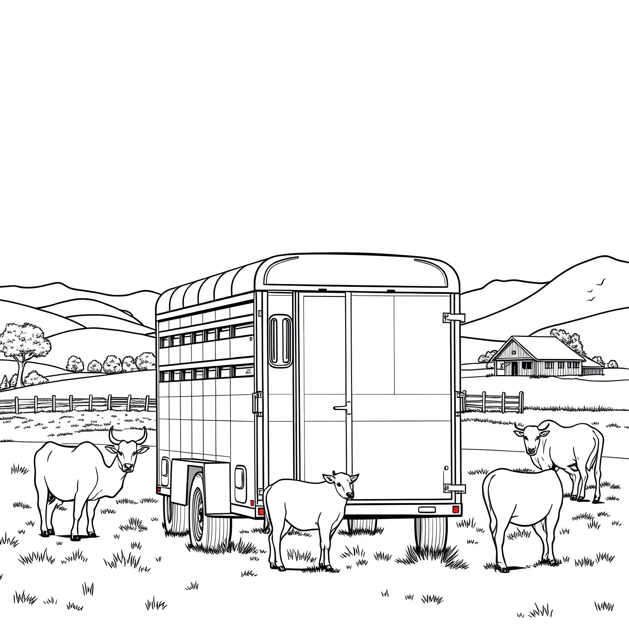 Gooseneck Trailer Transporting Cattle in Countryside Landscape Coloring Page (free black-and-white line drawing printable PDF for all, from beginners to advanced learners, including children, teens, adults, and seniors)