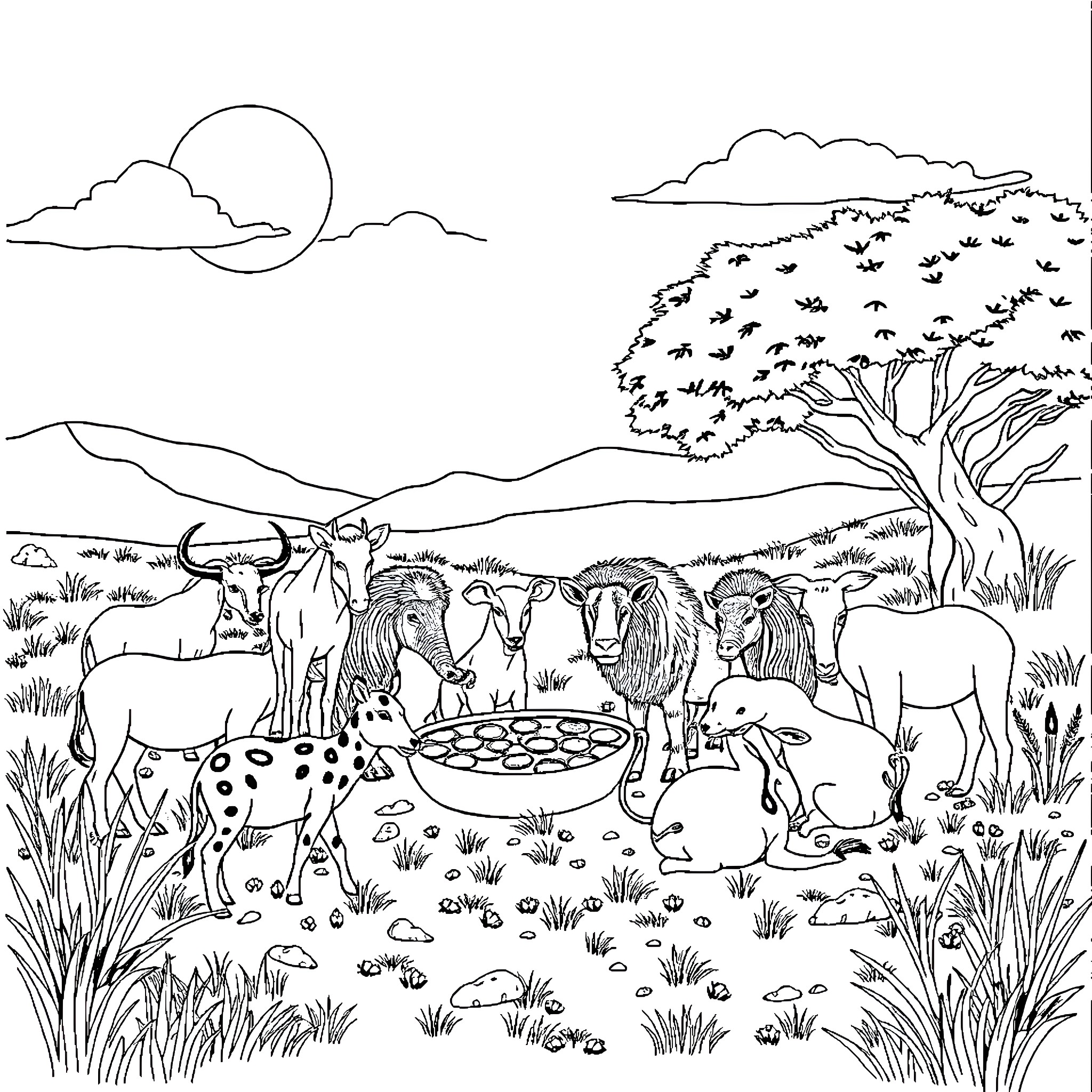 Wild Animal Gathering Around Watering Hole in Savanna Coloring Page (free black-and-white line drawing printable PDF for all, from beginners to advanced learners, including children, teens, adults, and seniors)