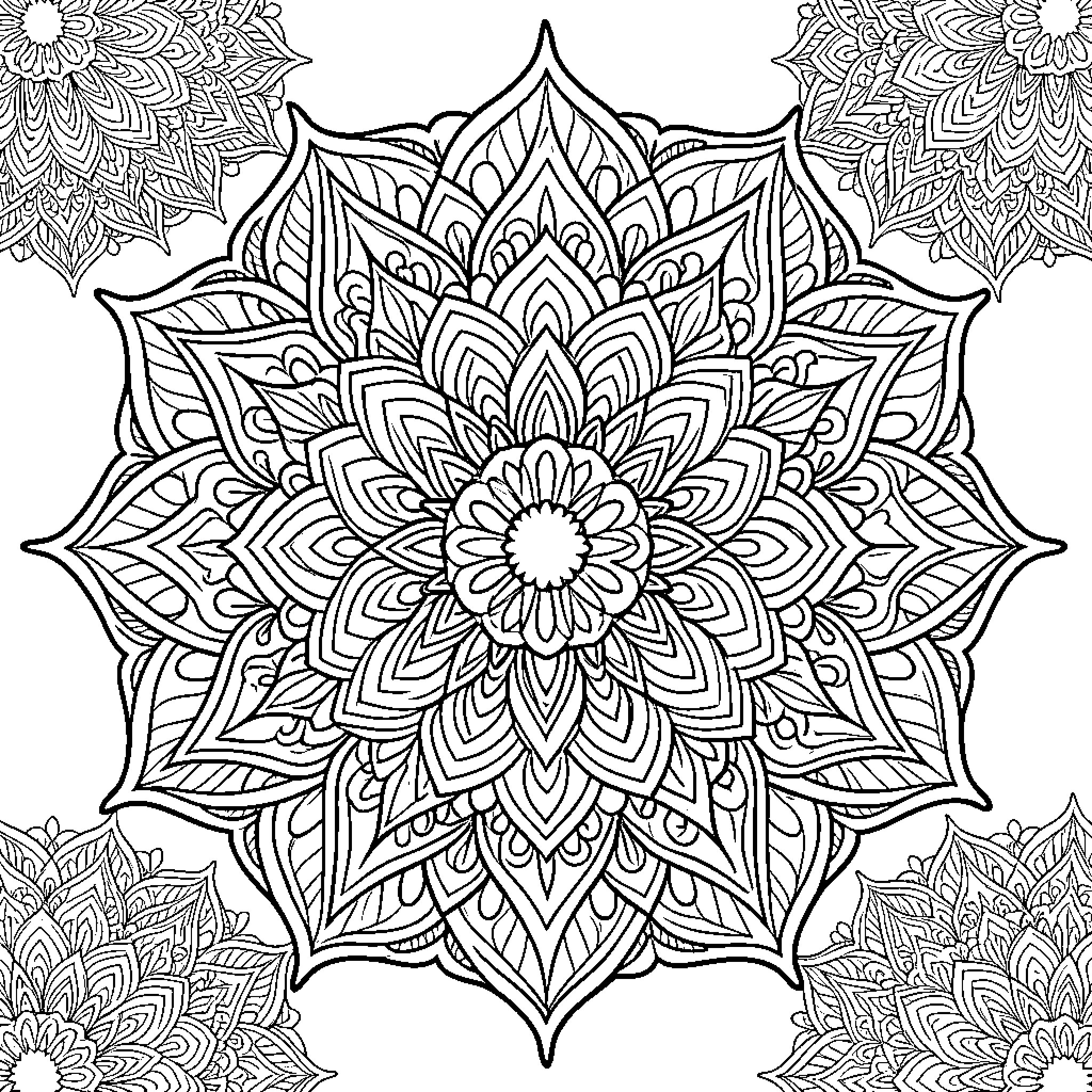 Mandalas with intricate floral designs Coloring Page (free black-and-white line drawing printable PDF for all, from beginners to advanced learners, including children, teens, adults, and seniors)