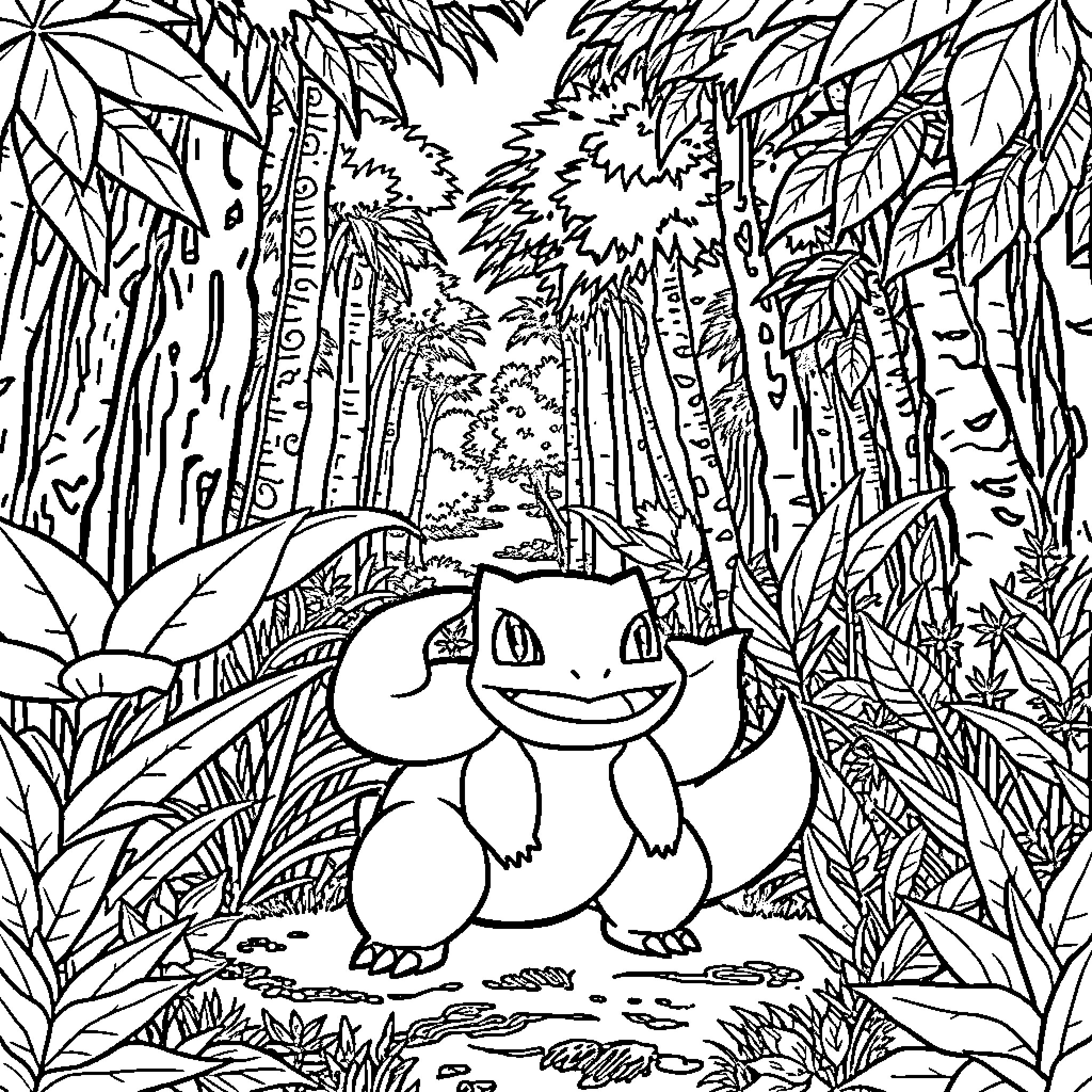 Bulbasaur exploring the enchanted forest Coloring Page (free black-and-white line drawing printable PDF for all, from beginners to advanced learners, including children, teens, adults, and seniors)