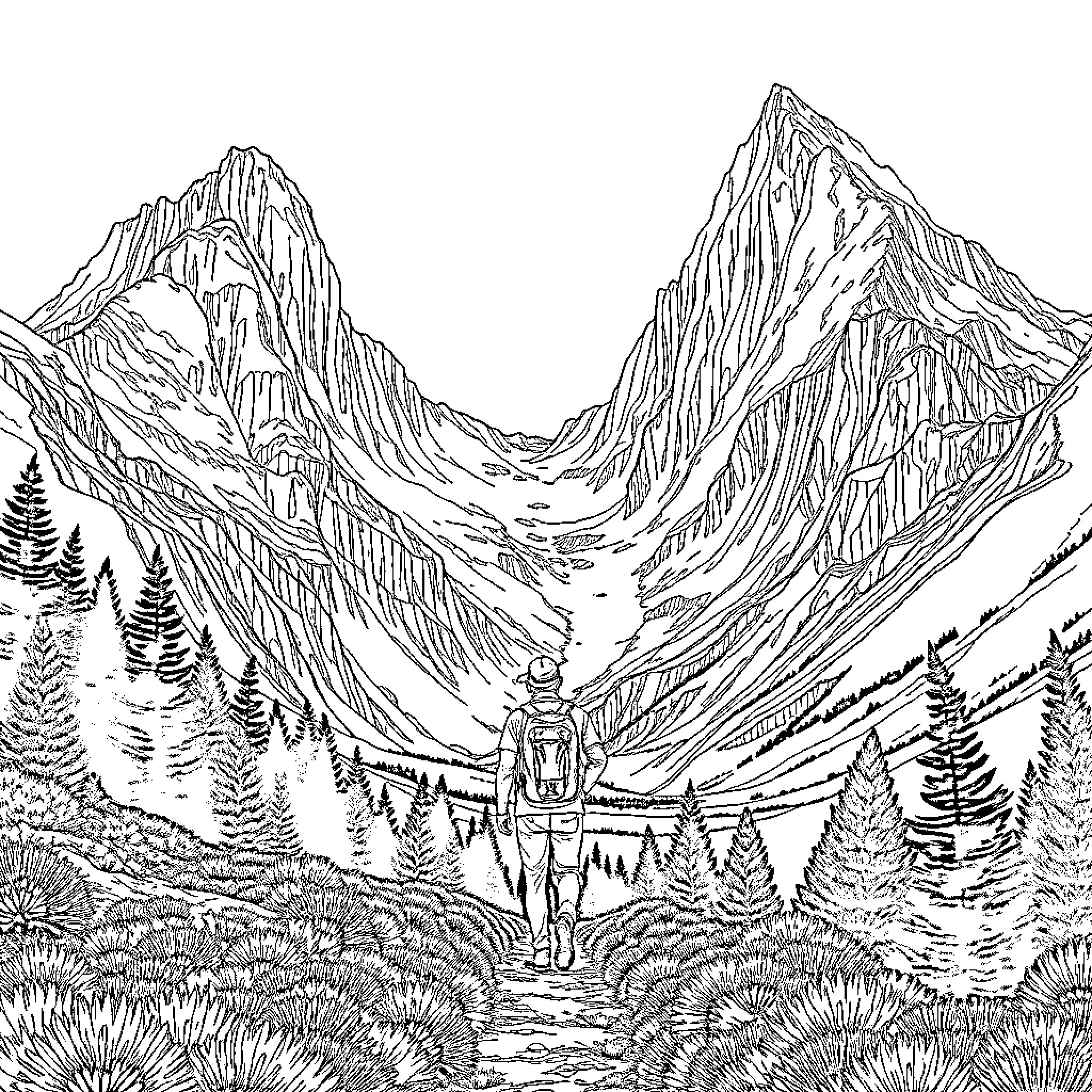 Man hiking through majestic mountain landscape Coloring Page (free black-and-white line drawing printable PDF for all, from beginners to advanced learners, including children, teens, adults, and seniors)