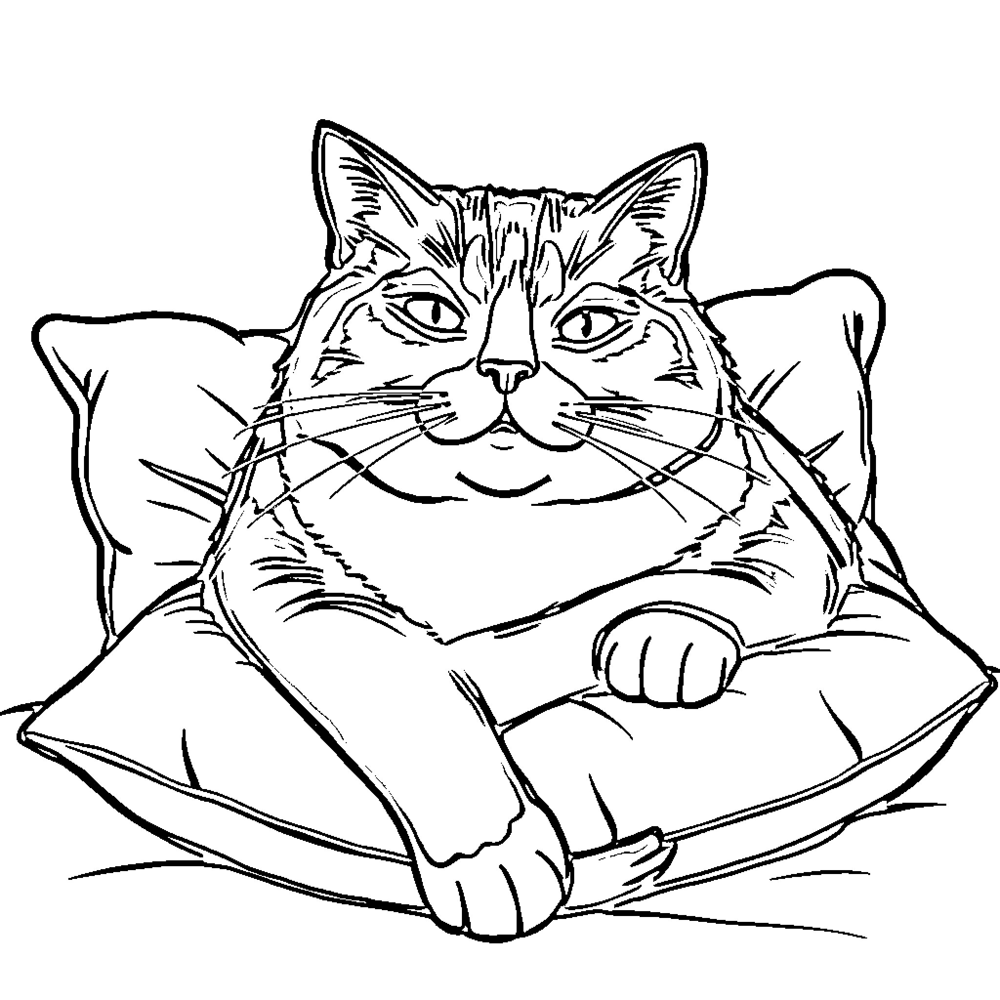 Cat resting comfortably on a cushion Coloring Page (free black-and-white line drawing printable PDF for all, from beginners to advanced learners, including children, teens, adults, and seniors)