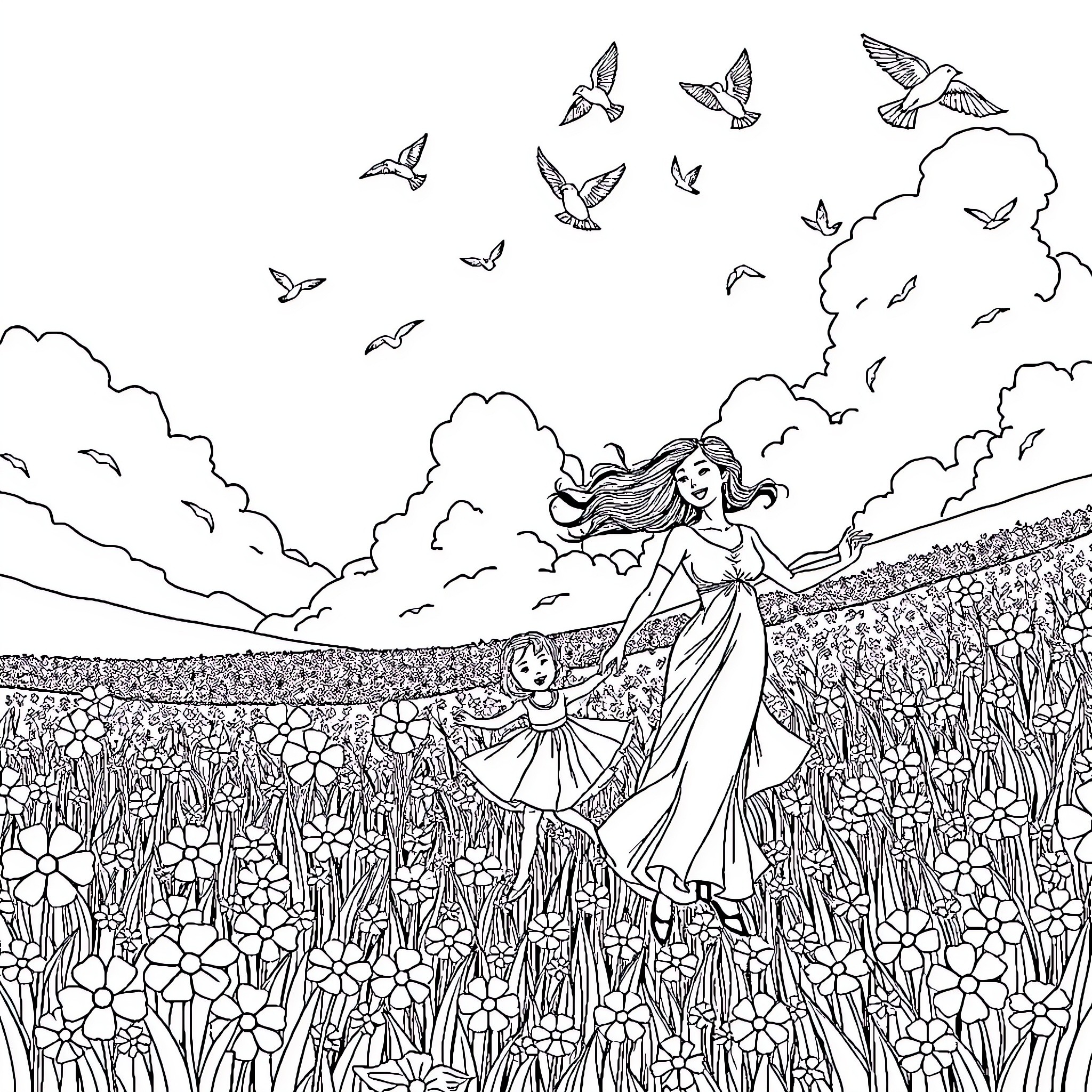 Mother surrounded by flowers and birds in nature Coloring Page (free black-and-white line drawing printable PDF for all, from beginners to advanced learners, including children, teens, adults, and seniors)