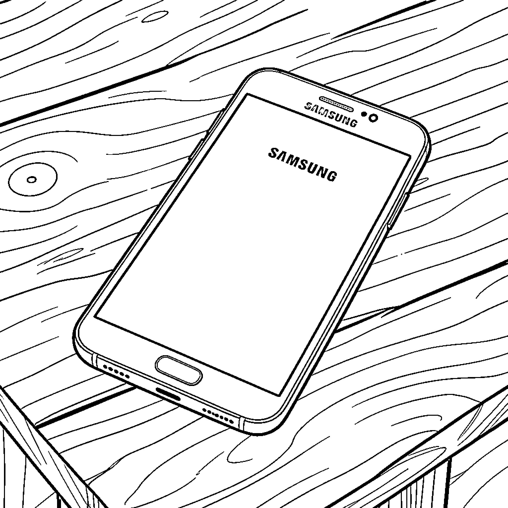 Samsung Phone resting on a wooden surface Coloring Page (free black-and-white line drawing printable PDF for all, from beginners to advanced learners, including children, teens, adults, and seniors)