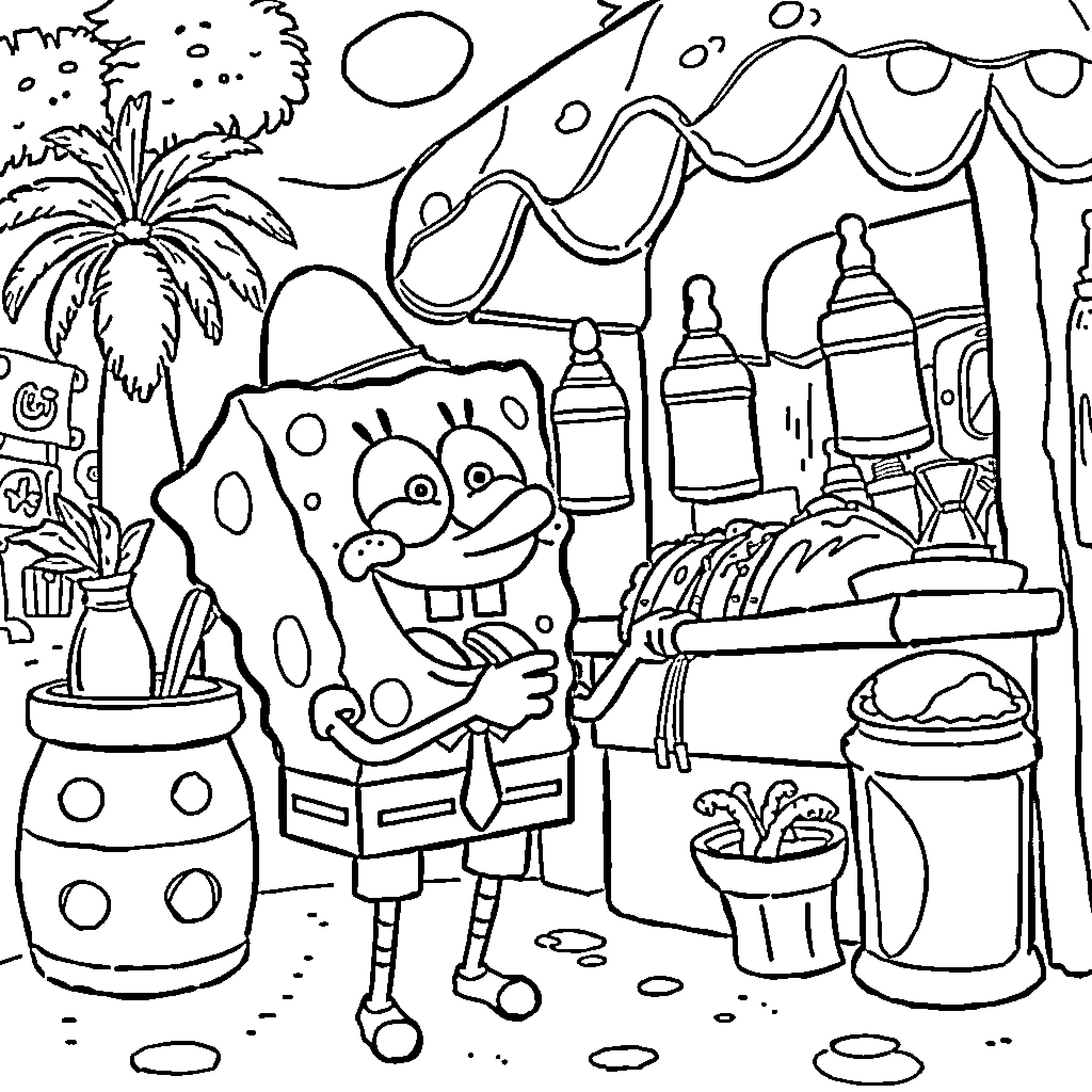 Spongebob's Colorful and Whimsical Adventure Coloring Page (free black-and-white line drawing printable PDF for all, from beginners to advanced learners, including children, teens, adults, and seniors)